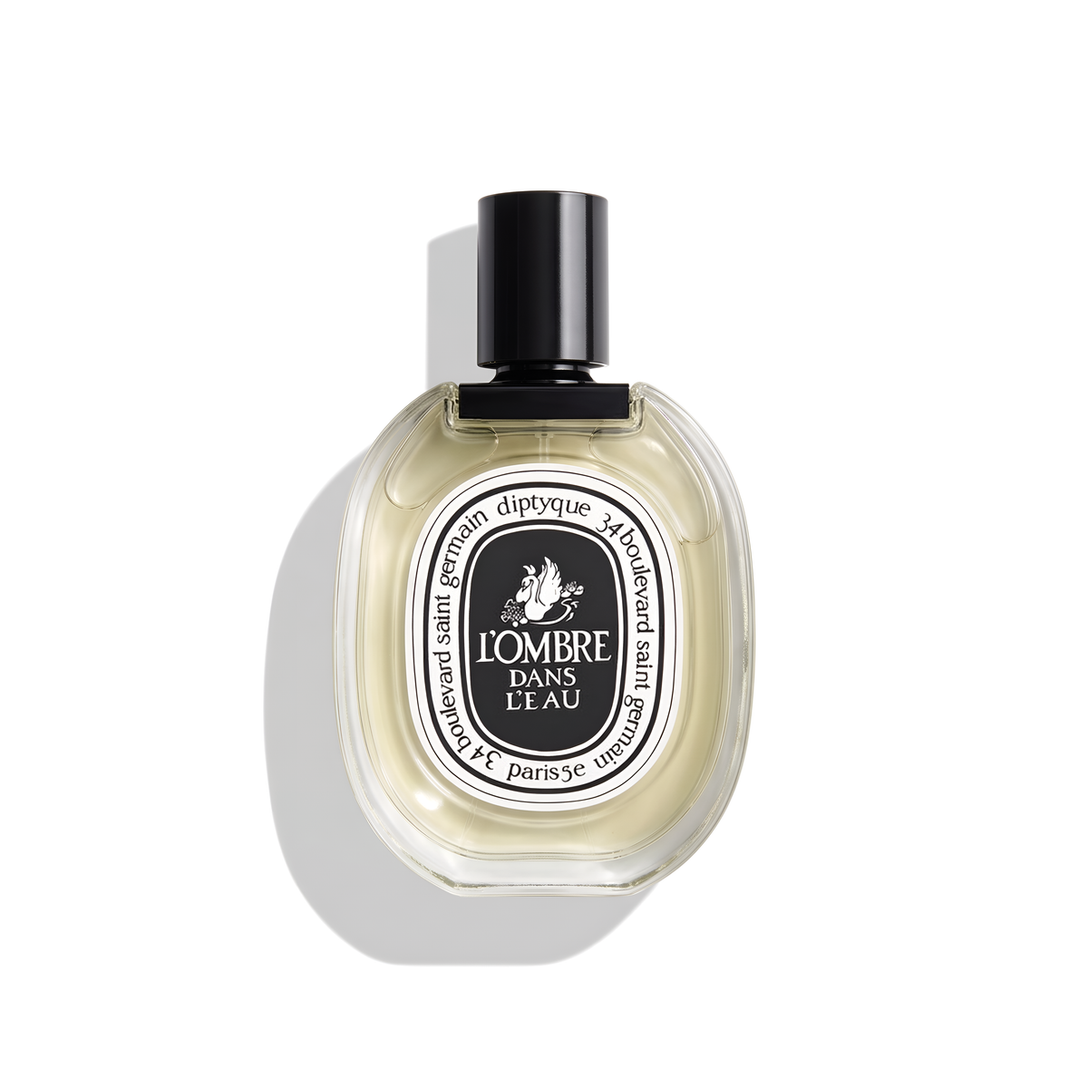 Bottle of Diptyque L'Ombre Dans L'Eau EDT fragrance on a white background with soft shadow