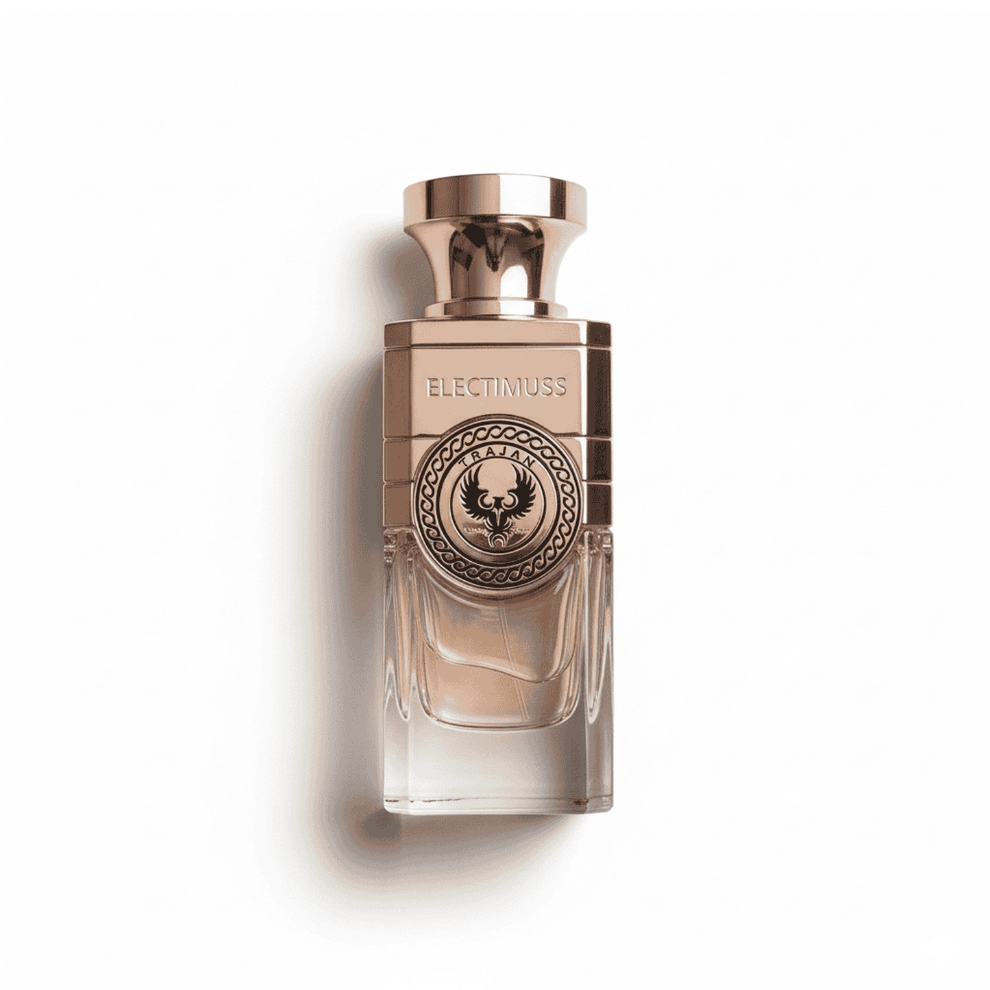 Bottle of Electimuss Trajan EDP fragrance on a white background with soft shadow