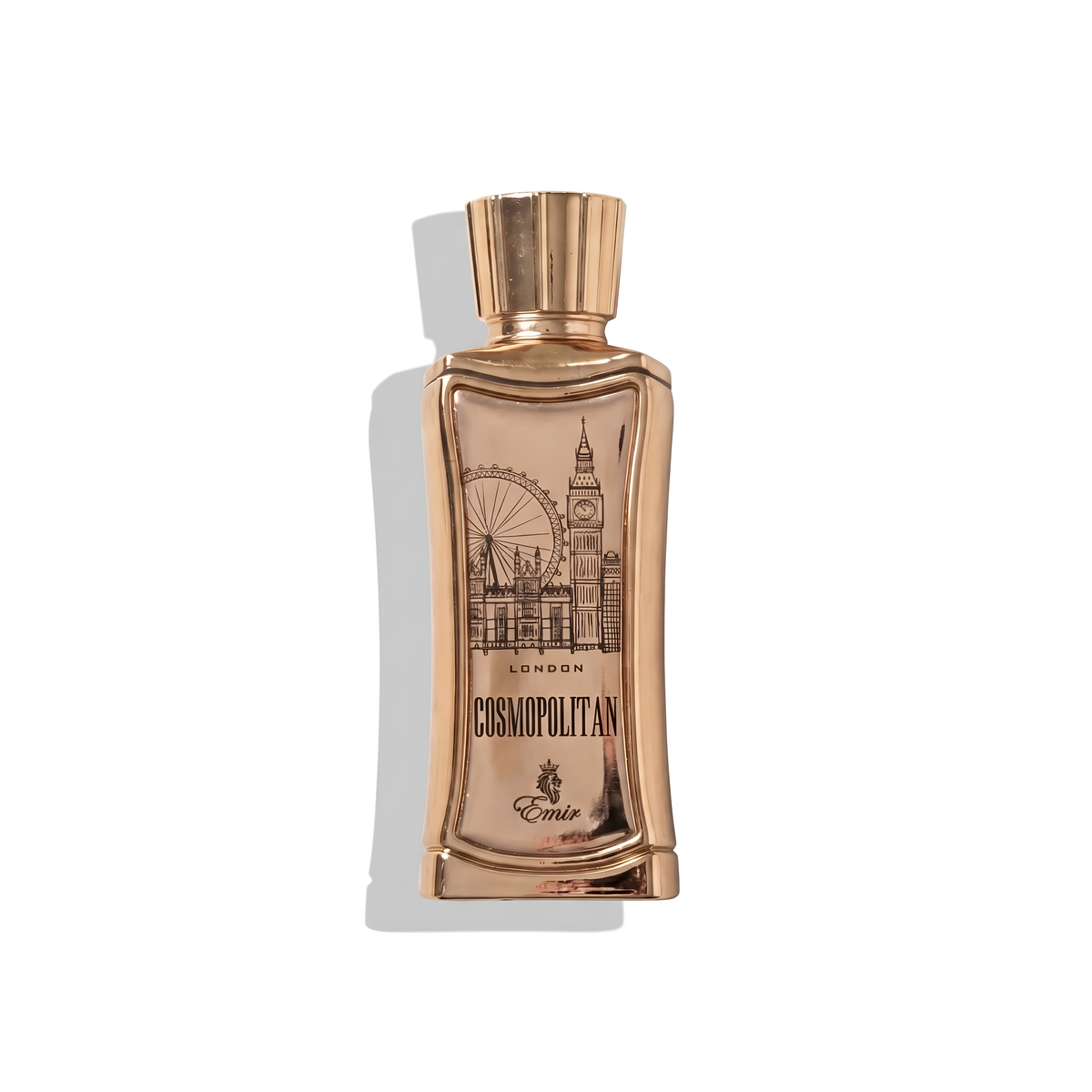 Bottle of Emir London Cosmopolitan EDP fragrance on a white background with soft shadow