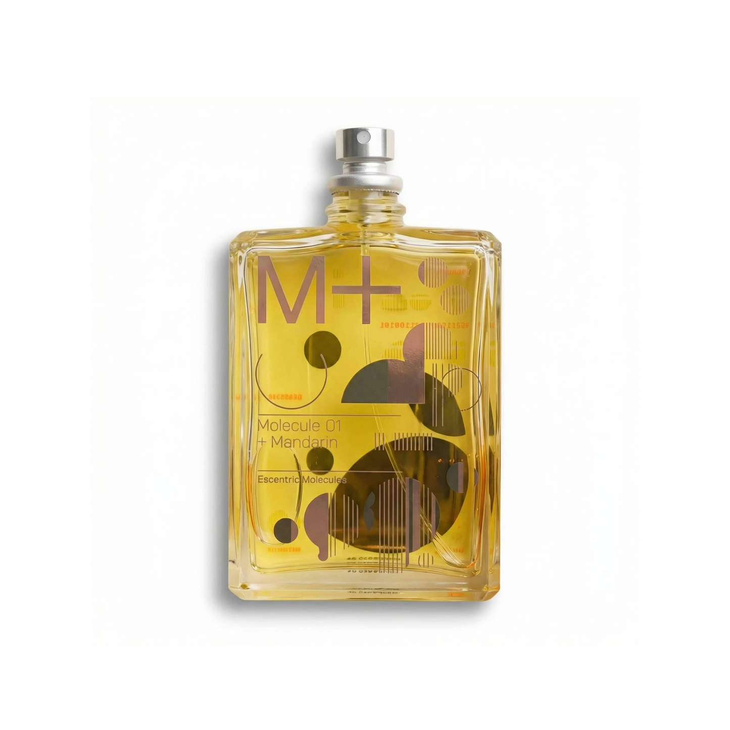 Bottle of Escentric Molecule 01 + Mandarin EDP fragrance on a white background with soft shadow