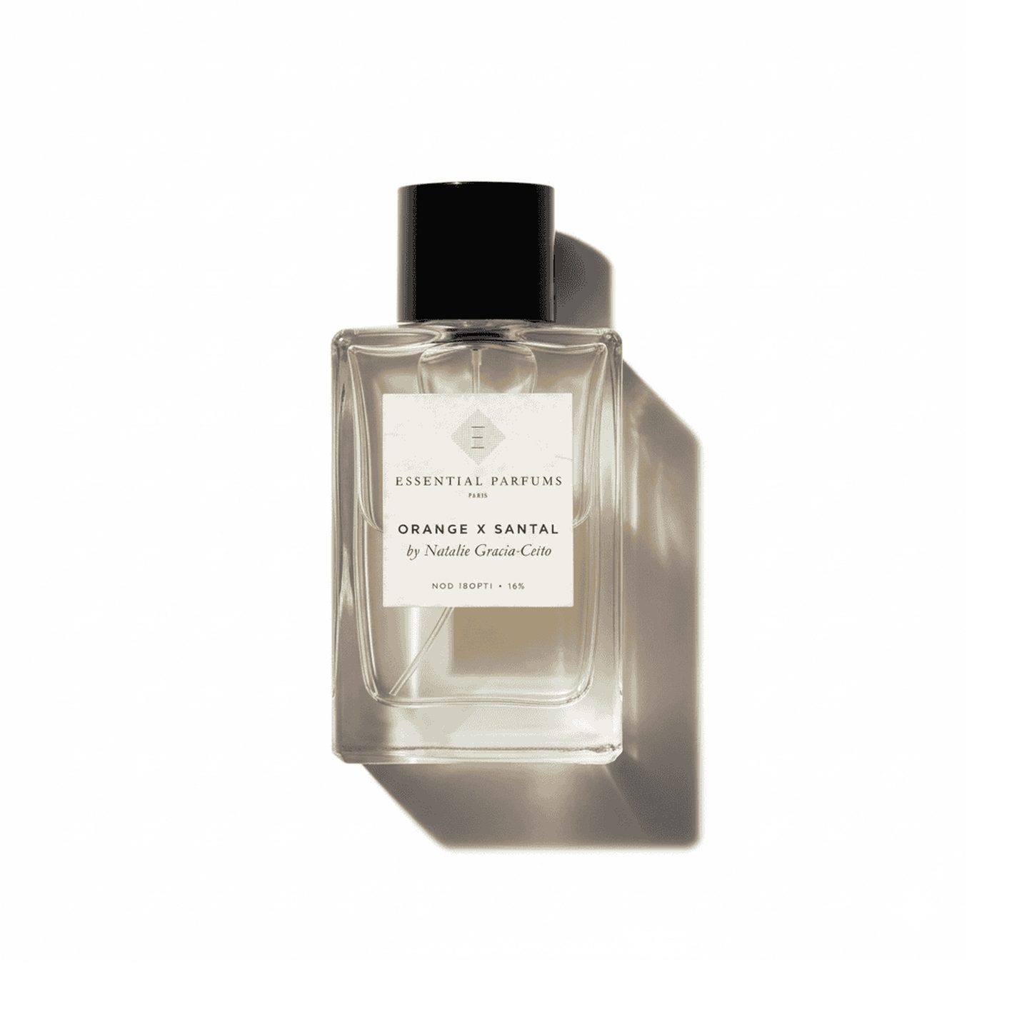 Bottle of Essential Parfums Orange x Santal EDP fragrance on a white background with soft shadow
