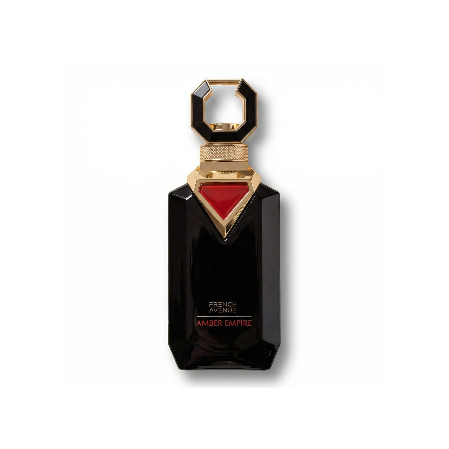 Bottle of French Avenue Amber Empire EDP fragrance on a white background with soft shadow