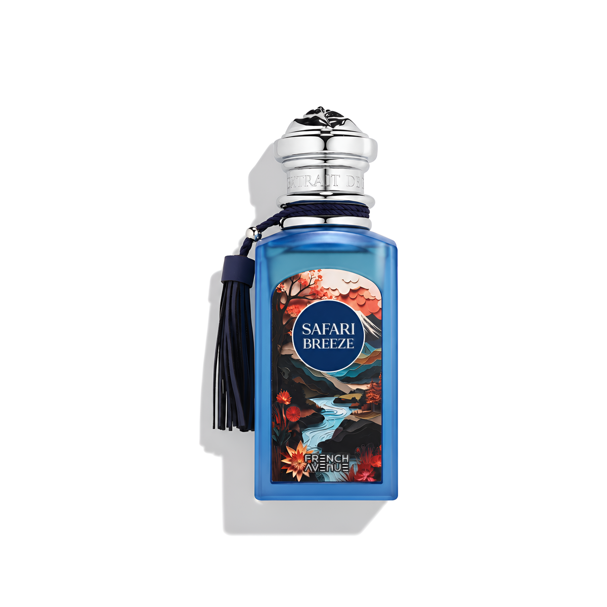 Bottle of French Avenue Safari Breeze Extrait fragrance on a white background with soft shadow