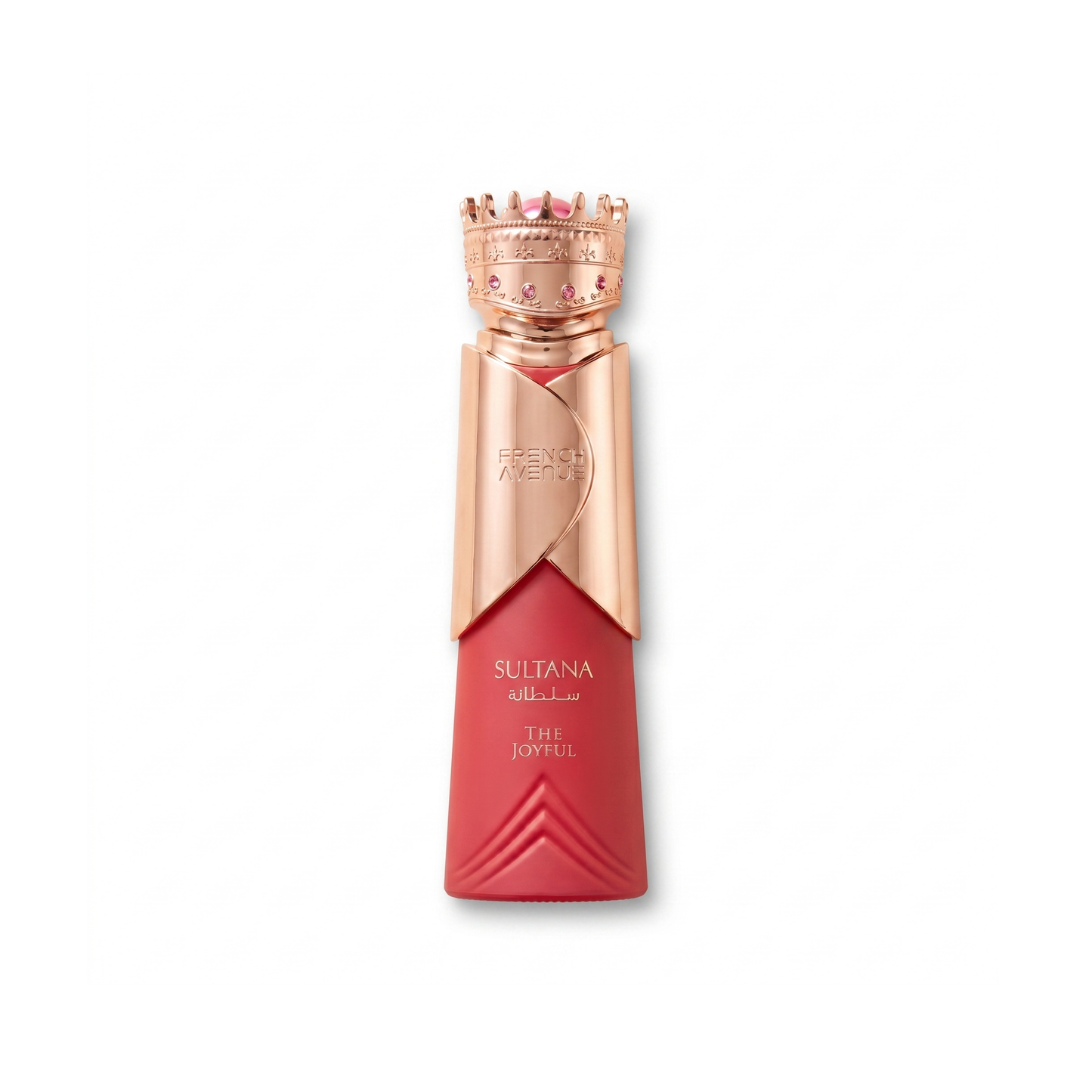 Bottle of French Avenue Sultana The Joyful EDP fragrance on a white background with soft shadow