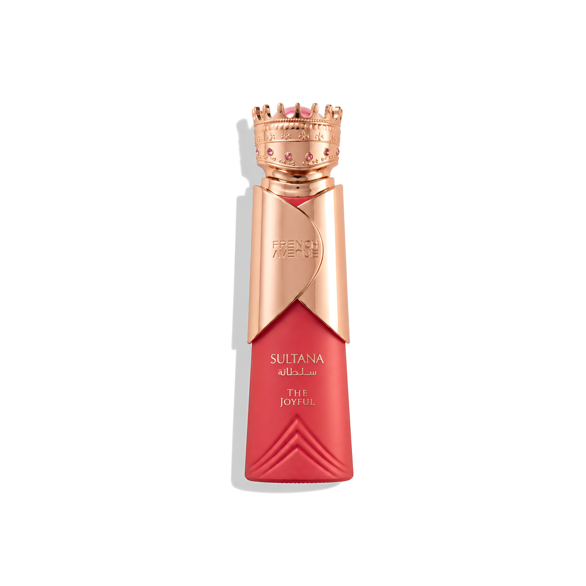Bottle of French Avenue Sultana The Joyful EDP fragrance on a white background with soft shadow