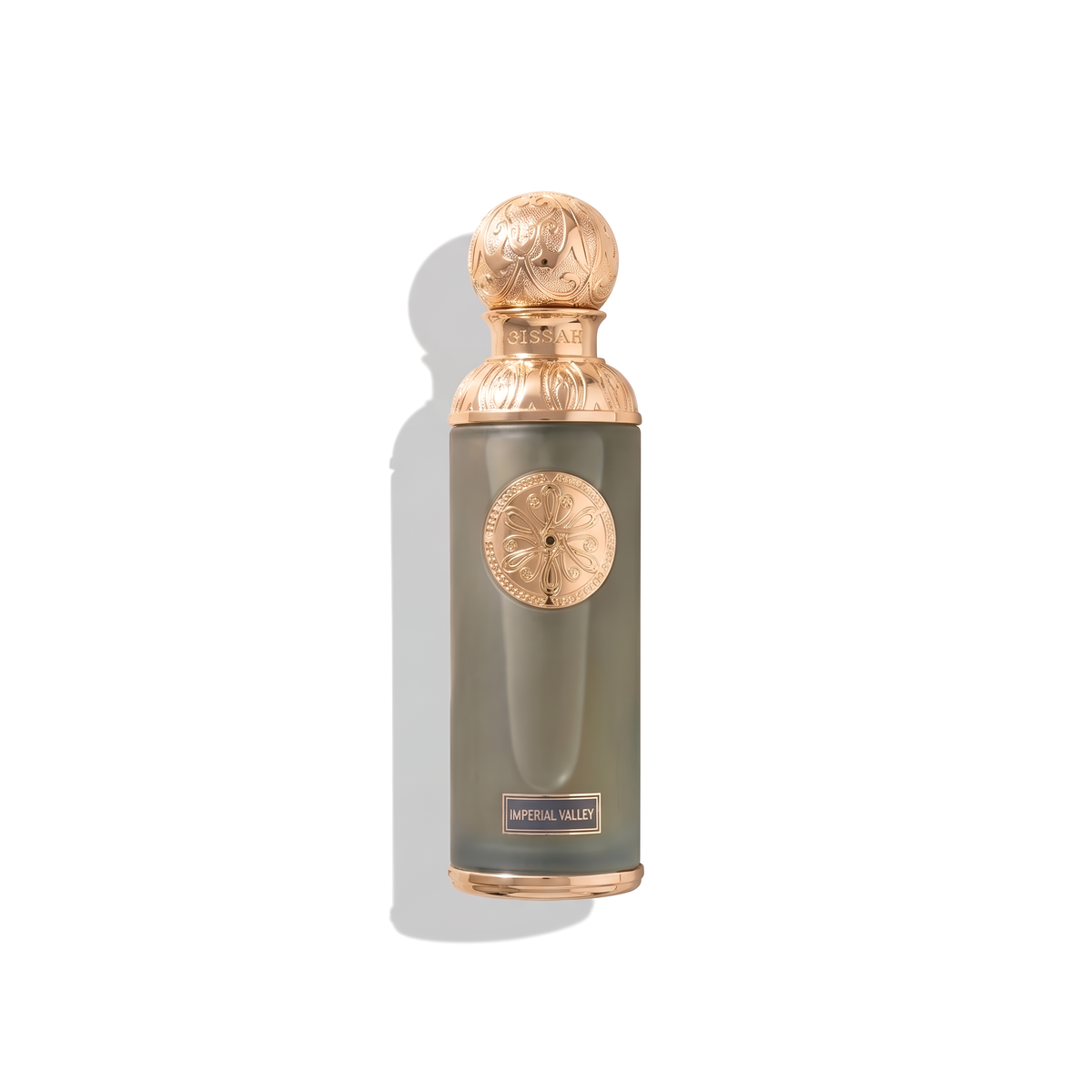 Bottle of Gissah Imperial Valley EDP fragrance on a white background with soft shadow