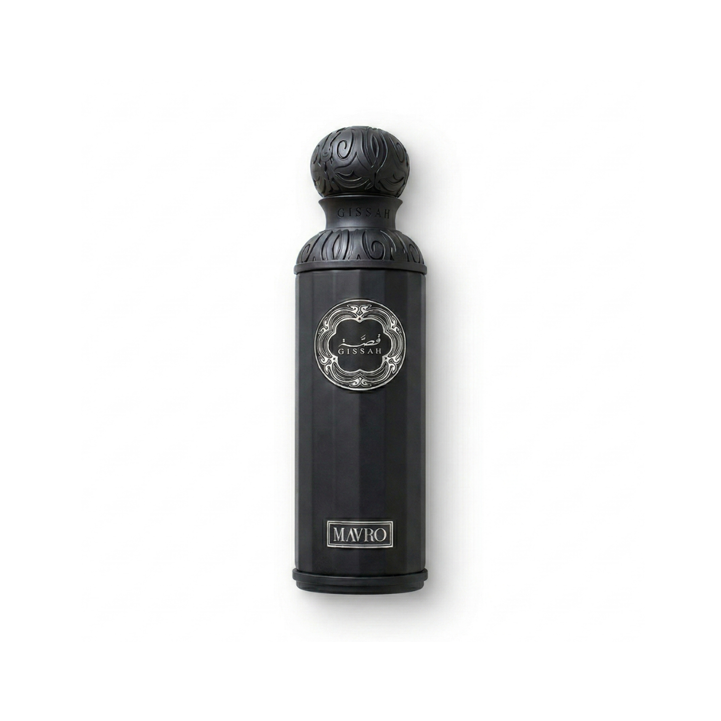 Bottle of Gissah Mavro EDP fragrance on a white background with soft shadow