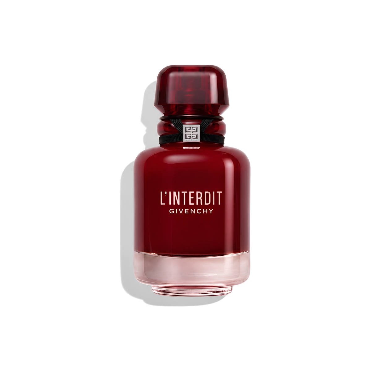 Bottle of Givenchy L'Interdit Rouge EDP fragrance on a white background with soft shadow