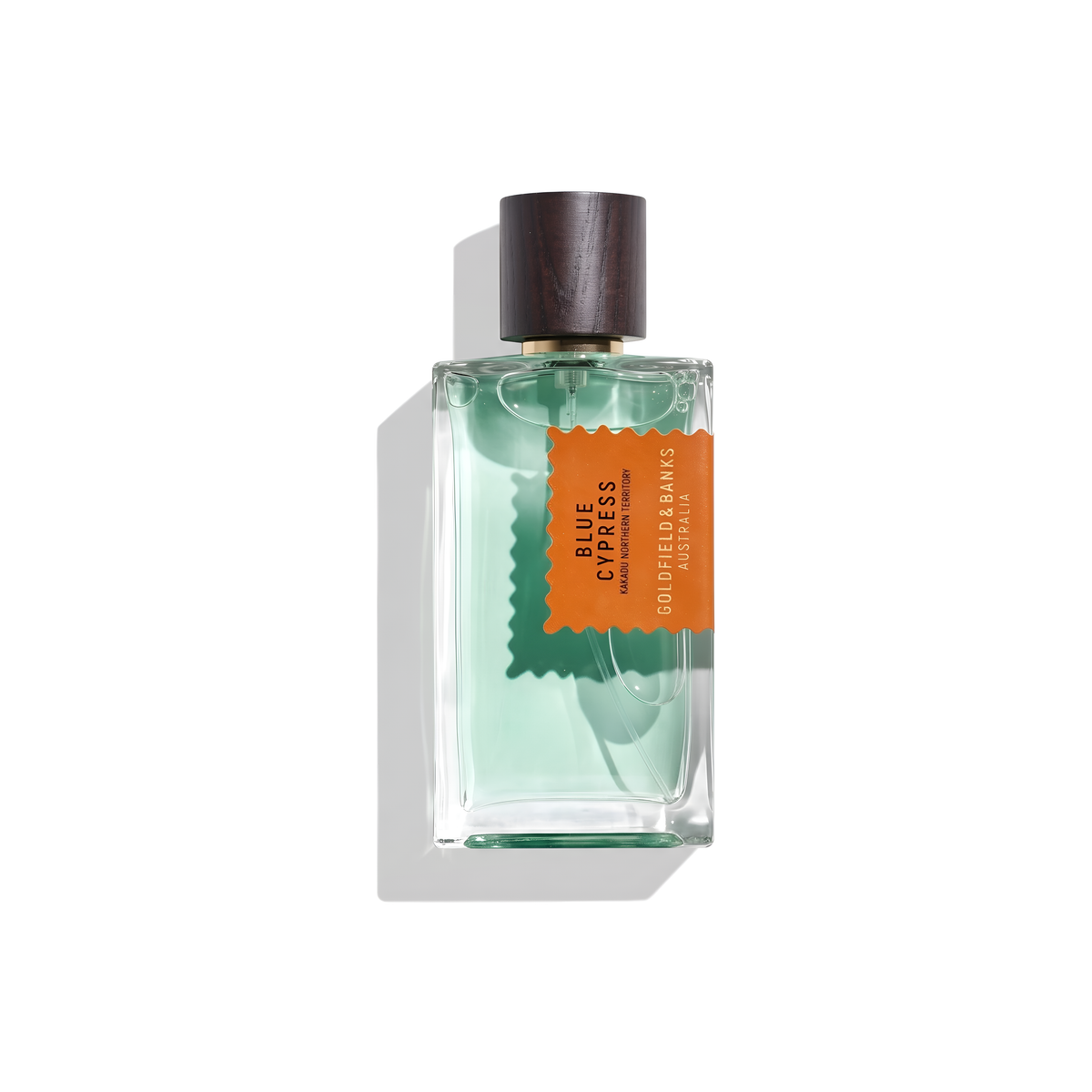 Bottle of Goldfield & Banks Blue Cypress EDP fragrance on a white background with soft shadow