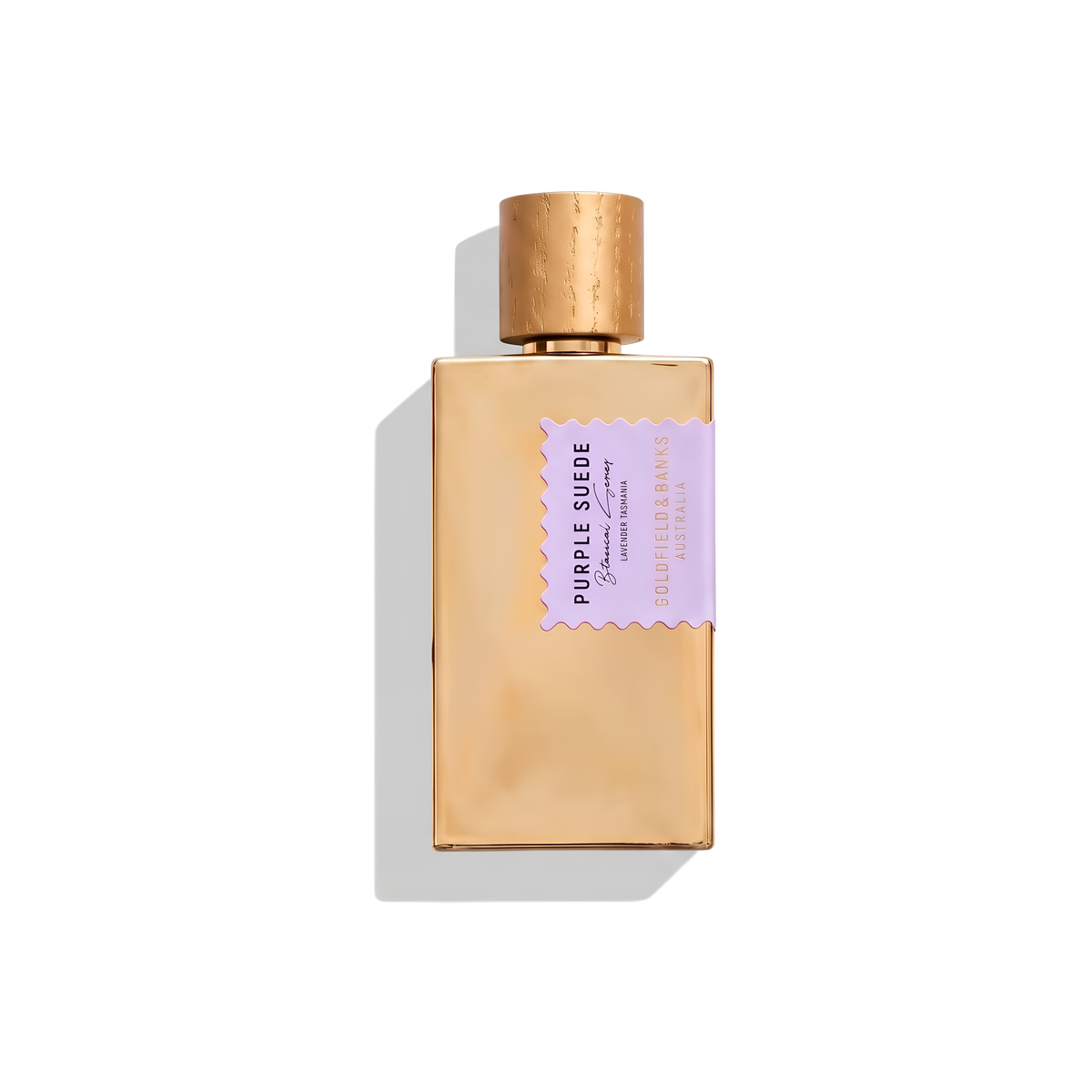 Bottle of Goldfield & Banks Purple Suede EDP fragrance on a white background with soft shadow