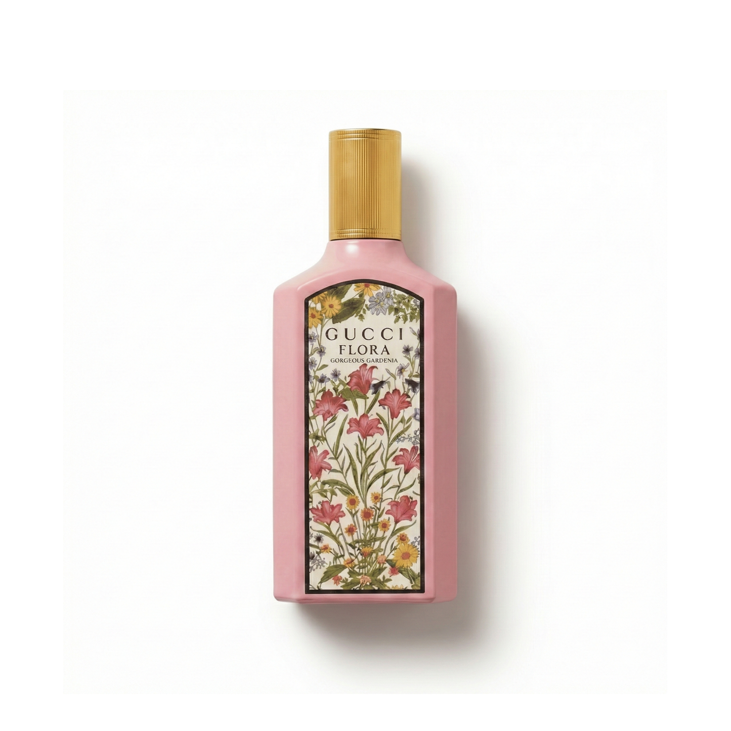 Bottle of Gucci Gorgeous Gardenia EDP fragrance on a white background with soft shadow