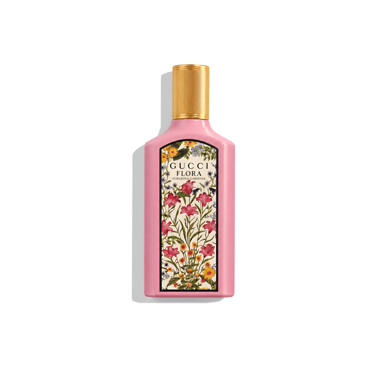 Bottle of Gucci Gorgeous Gardenia EDP fragrance on a white background with soft shadow
