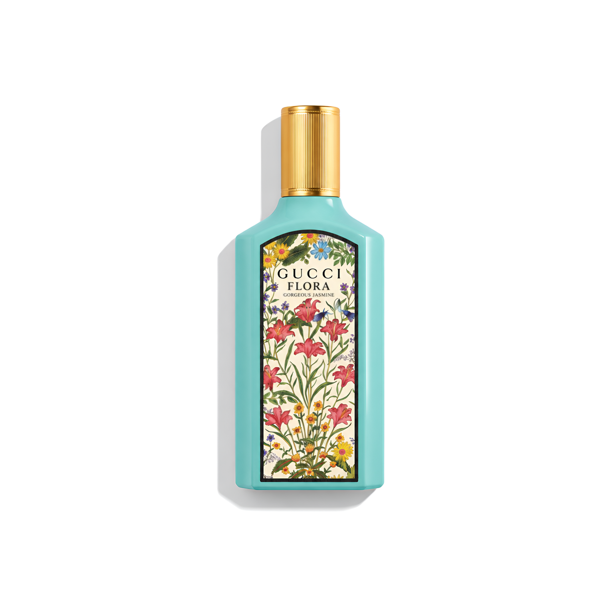 Bottle of Gucci Gorgeous Jasmine EDP fragrance on a white background with soft shadow