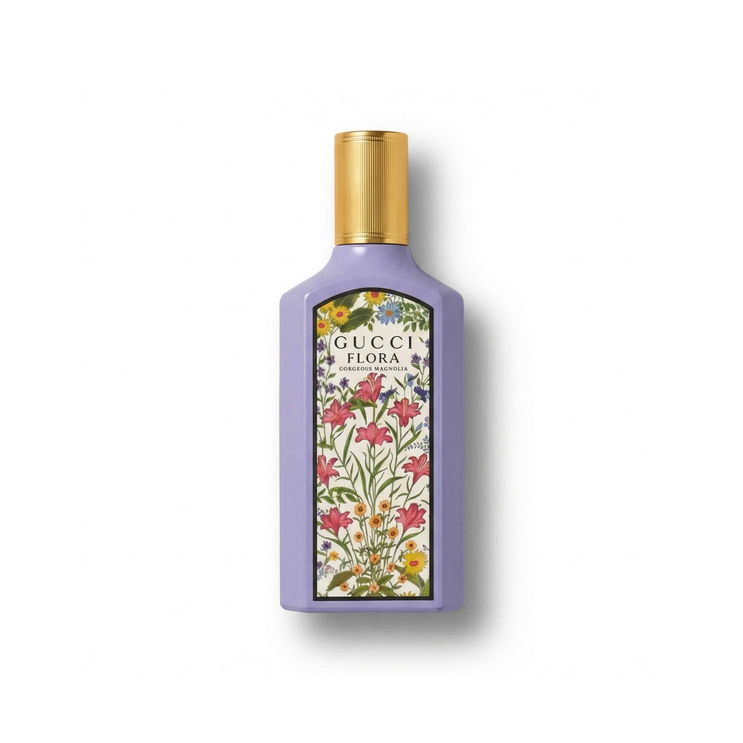 Bottle of Gucci Gorgeous Magnolia EDP fragrance on a white background with soft shadow