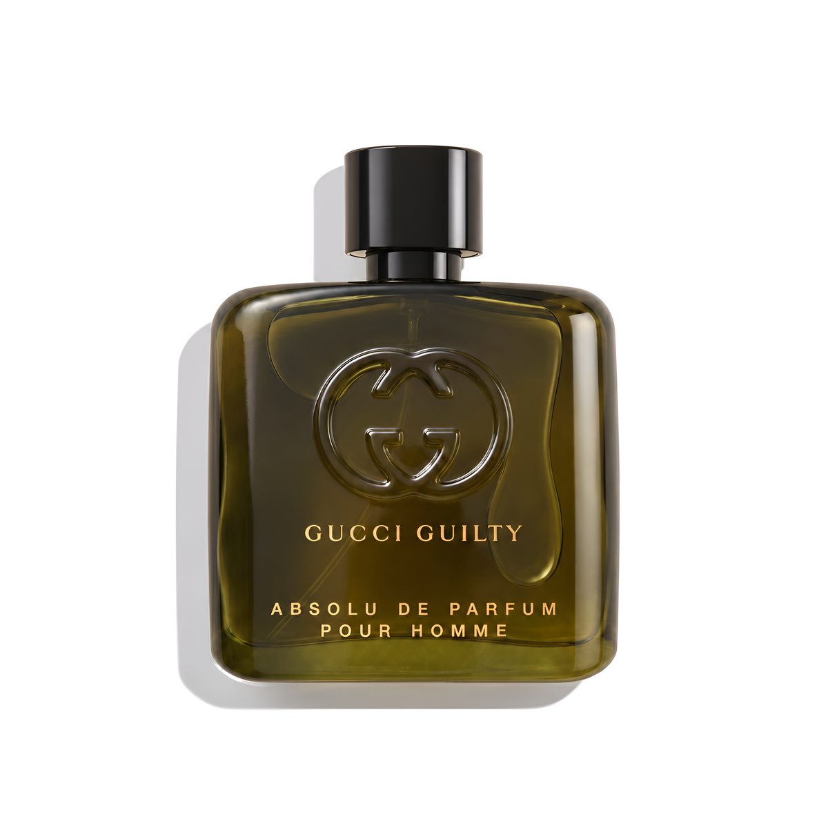 Bottle of Gucci Guilty Pour Homme Absolu De Parfum fragrance on a white background with soft shadow