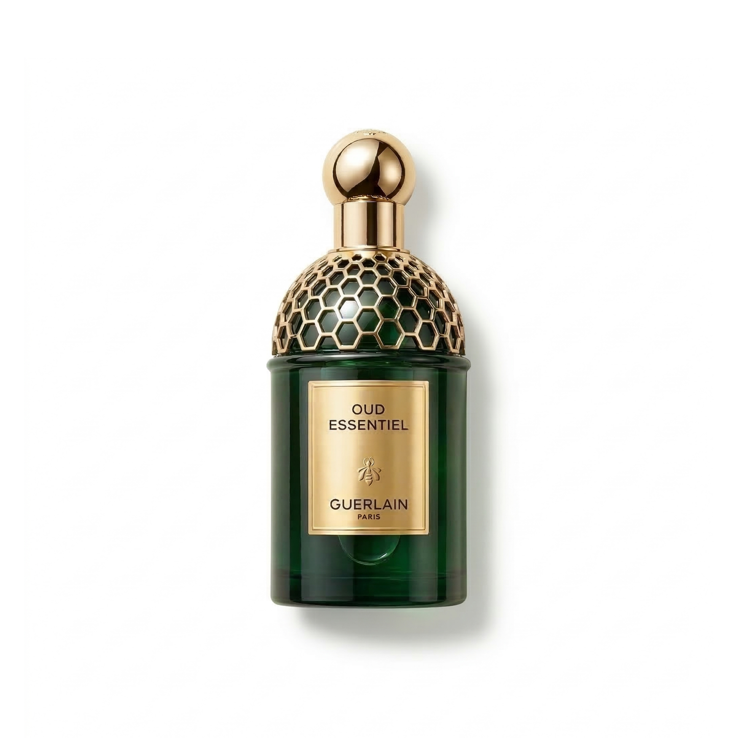 Bottle of Guerlain Oud Essentiel EDP fragrance on a white background with soft shadow