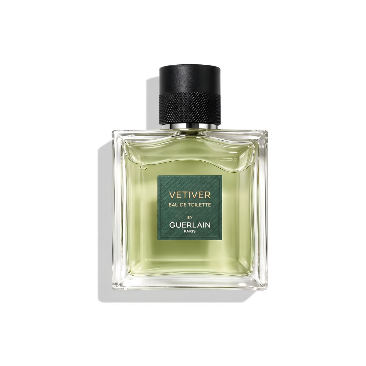 Bottle of Guerlain Vetiver EDT fragrance on a white background with soft shadow