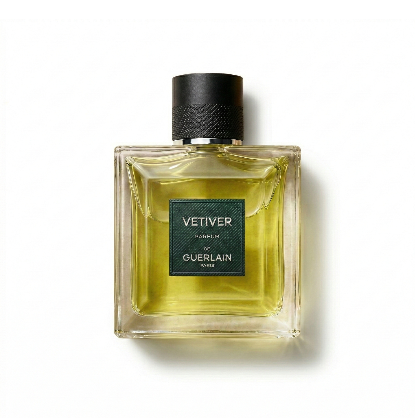 Bottle of Guerlain Vetiver Parfum fragrance on a white background with soft shadow