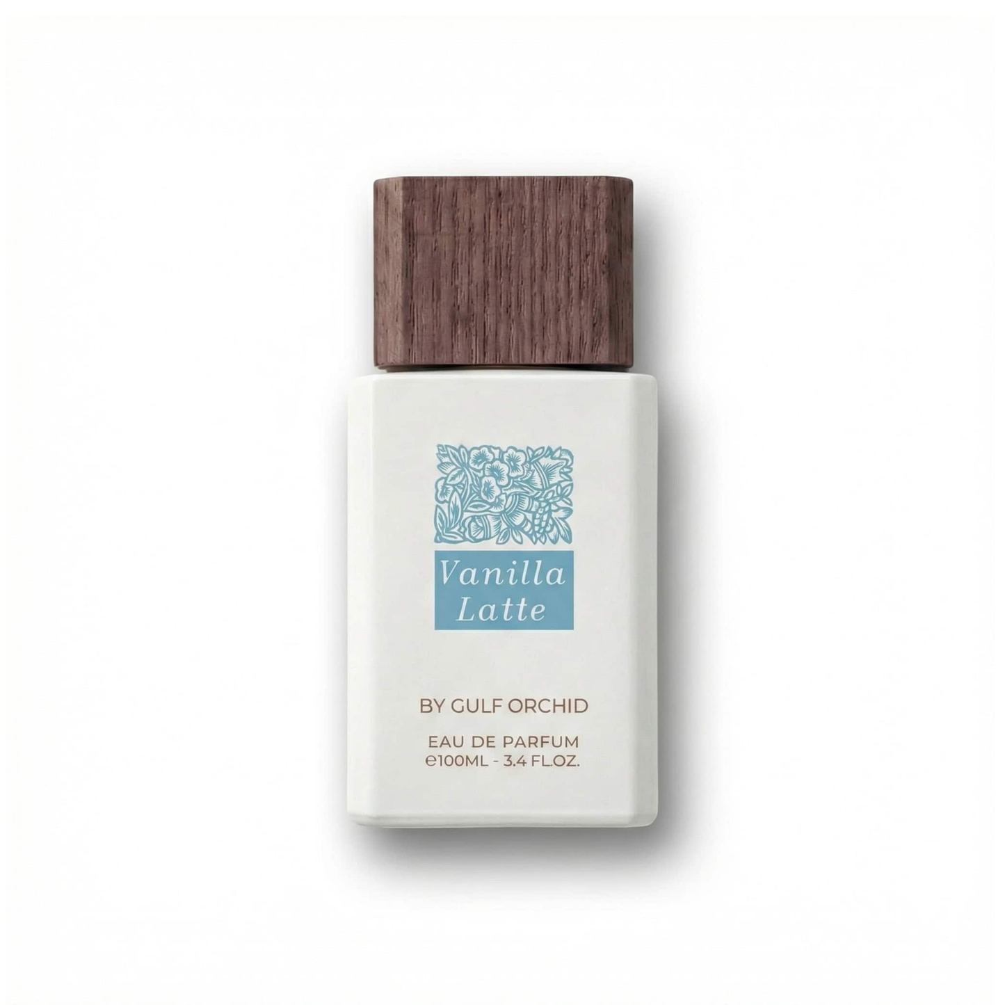 Bottle of Gulf Orchid Vanilla Latte EDP fragrance on a white background with soft shadow