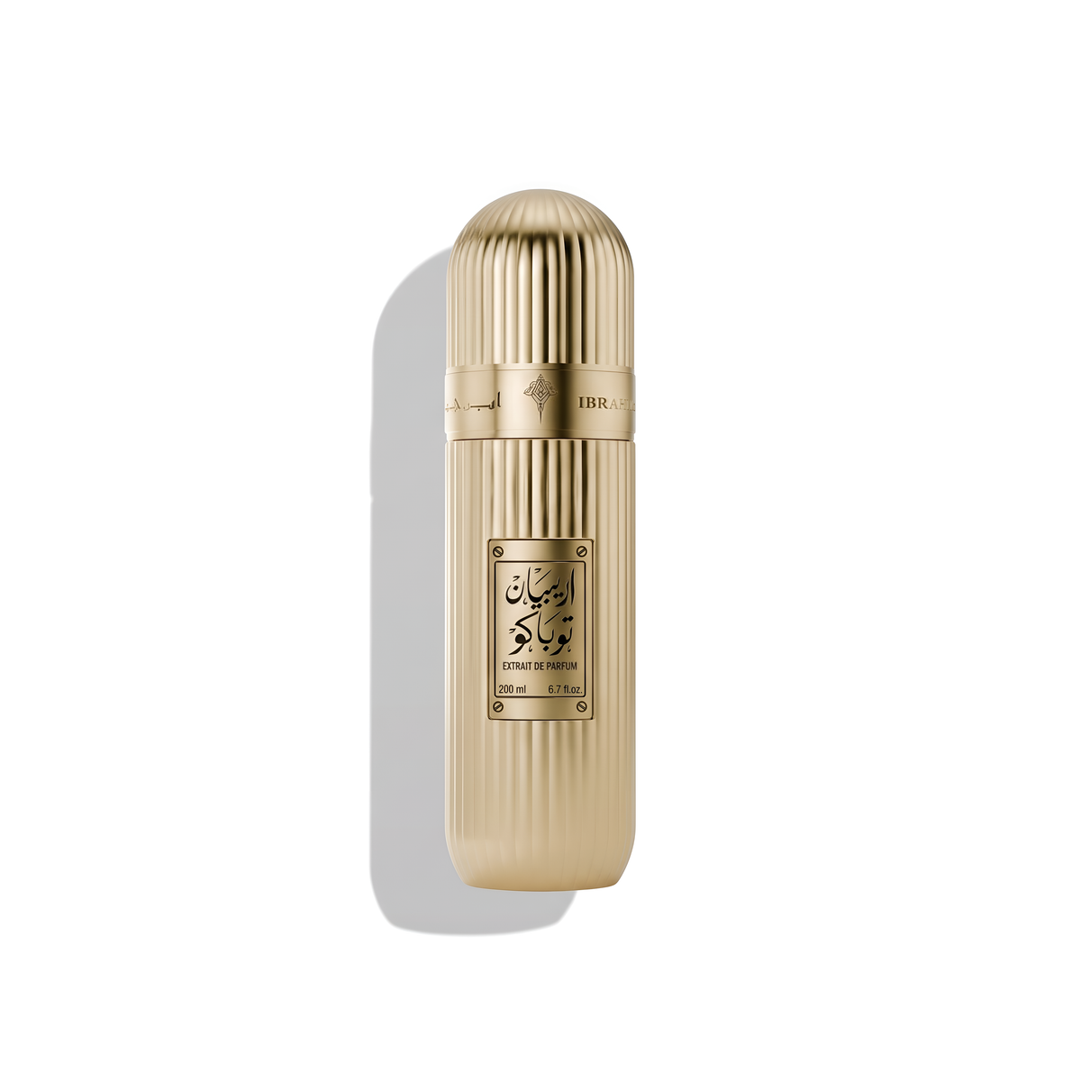 Bottle of Ibraheem Al Qurashi Arabian Tobacco EDP fragrance on a white background with soft shadow