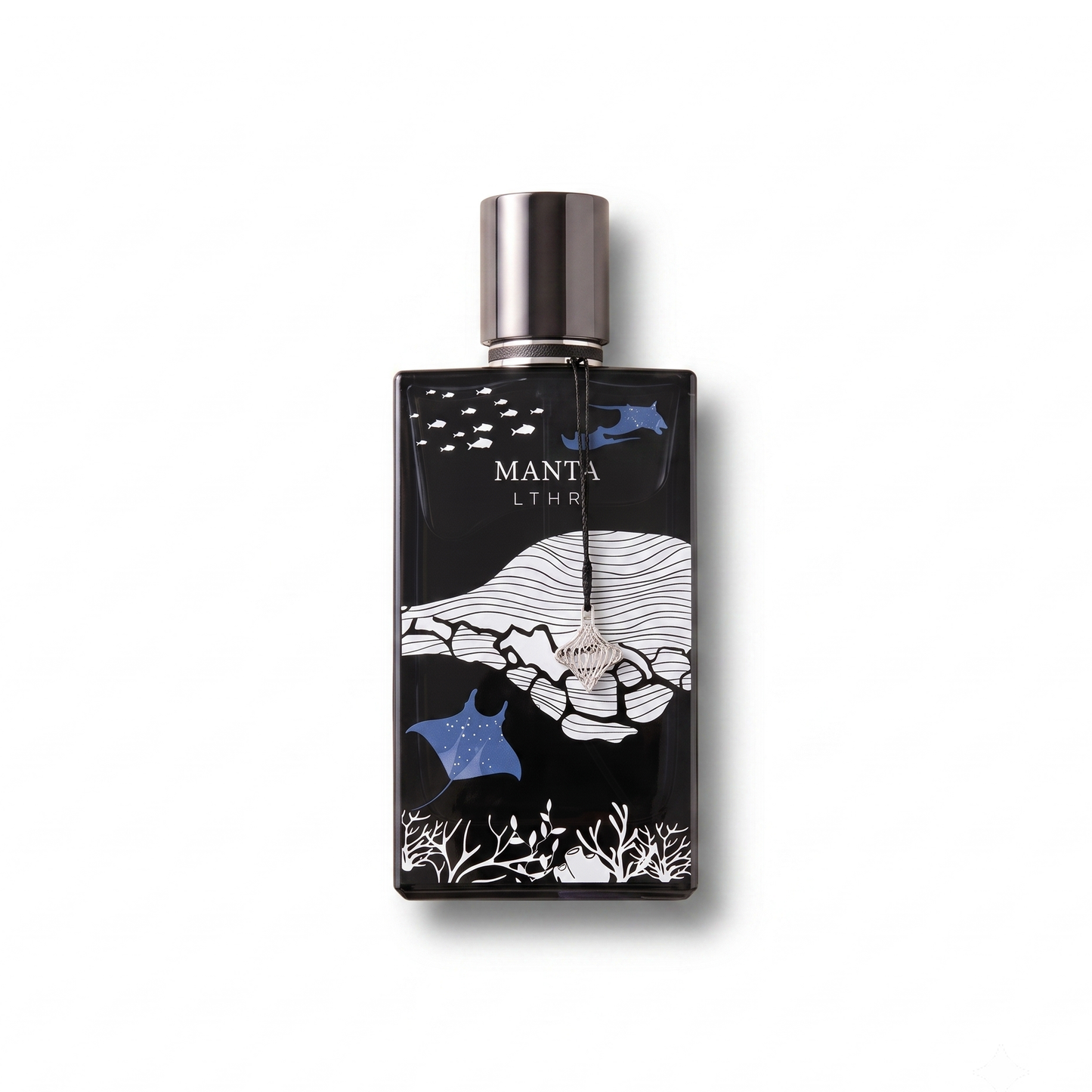 Bottle of Ibraheem Al Qurashi MANTA LTHR EDP fragrance on a white background with soft shadow