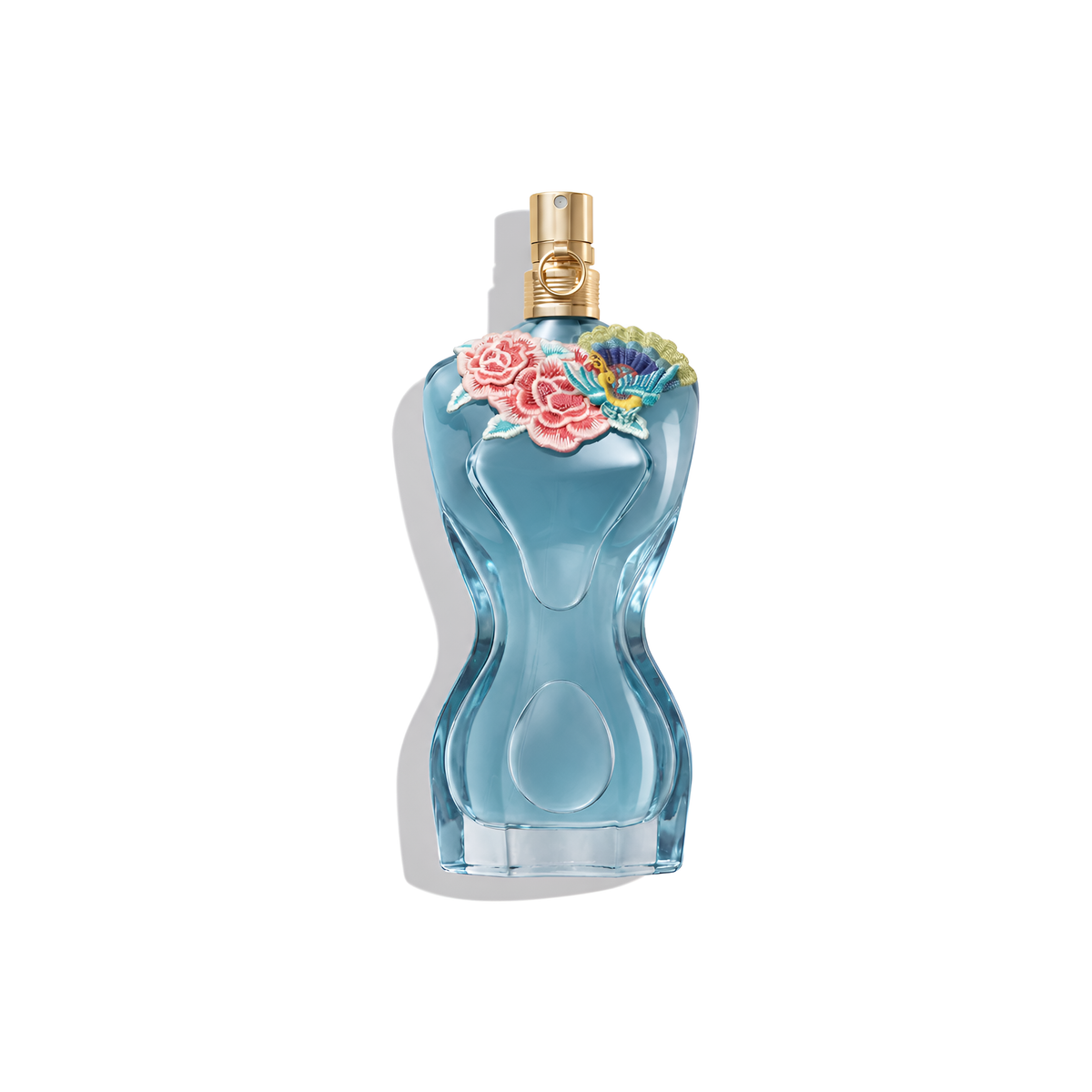 Bottle of JPG La Belle Paradise Garden EDP fragrance on a white background with soft shadow