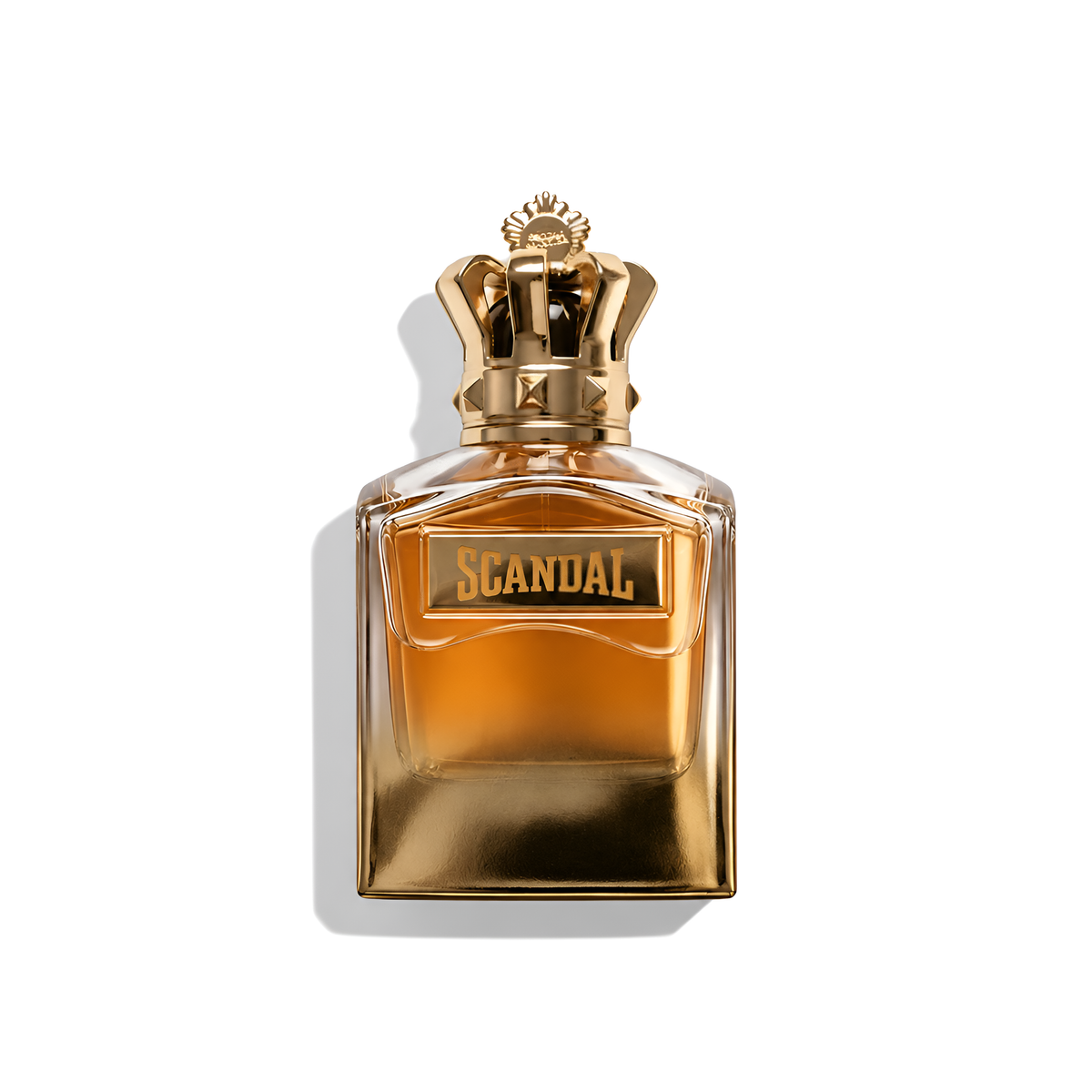 Bottle of JPG Scandal Absolu fragrance on a white background with soft shadow