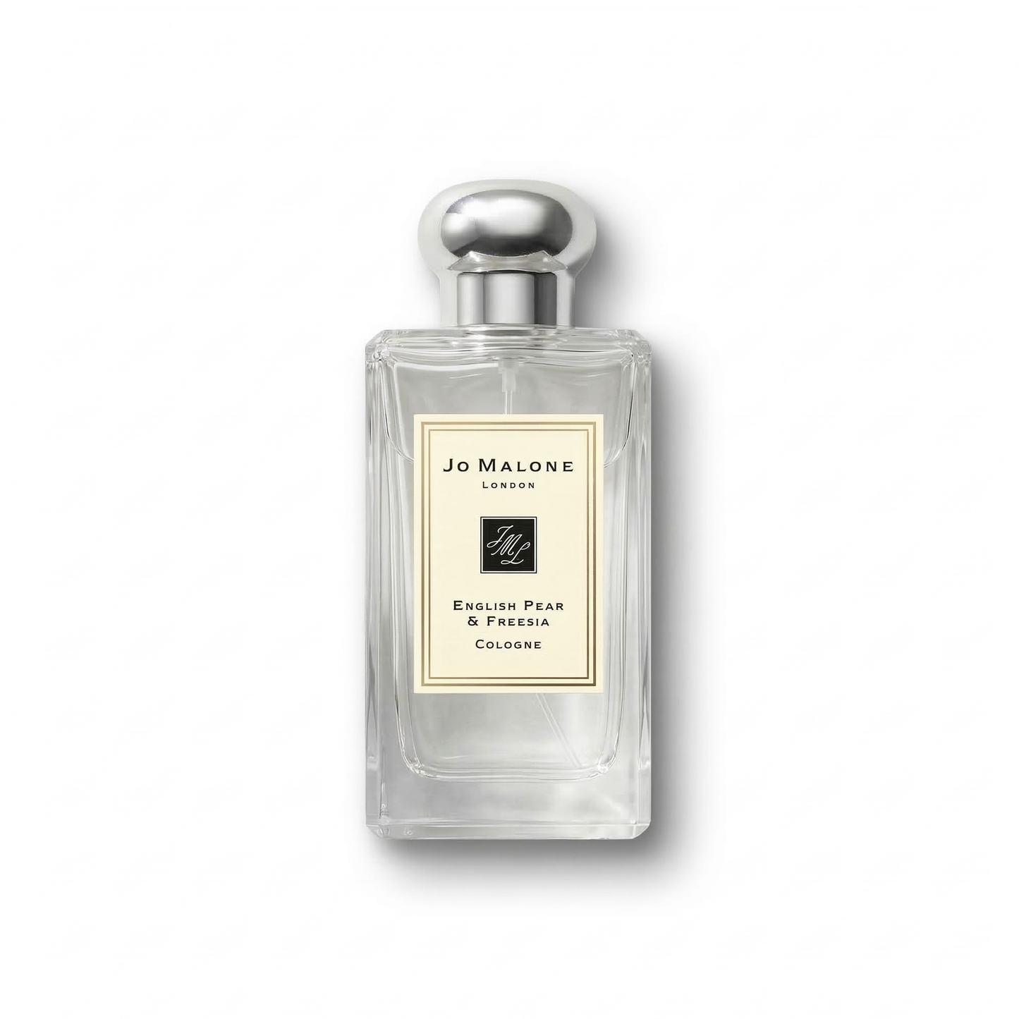 Bottle of Jo Malone English Pear & Freesia Cologne fragrance on a white background with soft shadow