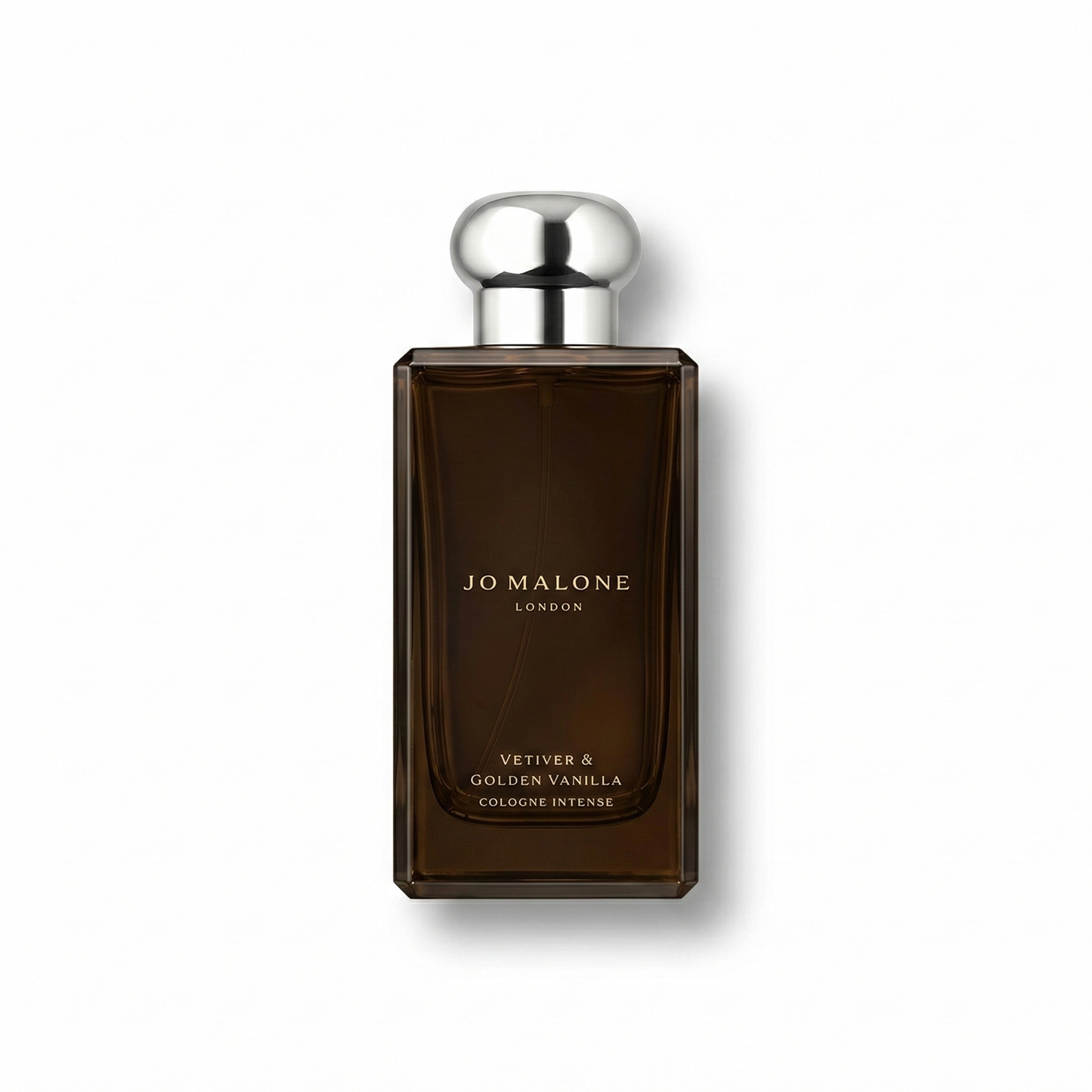 Bottle of Jo Malone Vetiver & Golden Vanilla Cologne Intense fragrance on a white background with soft shadow