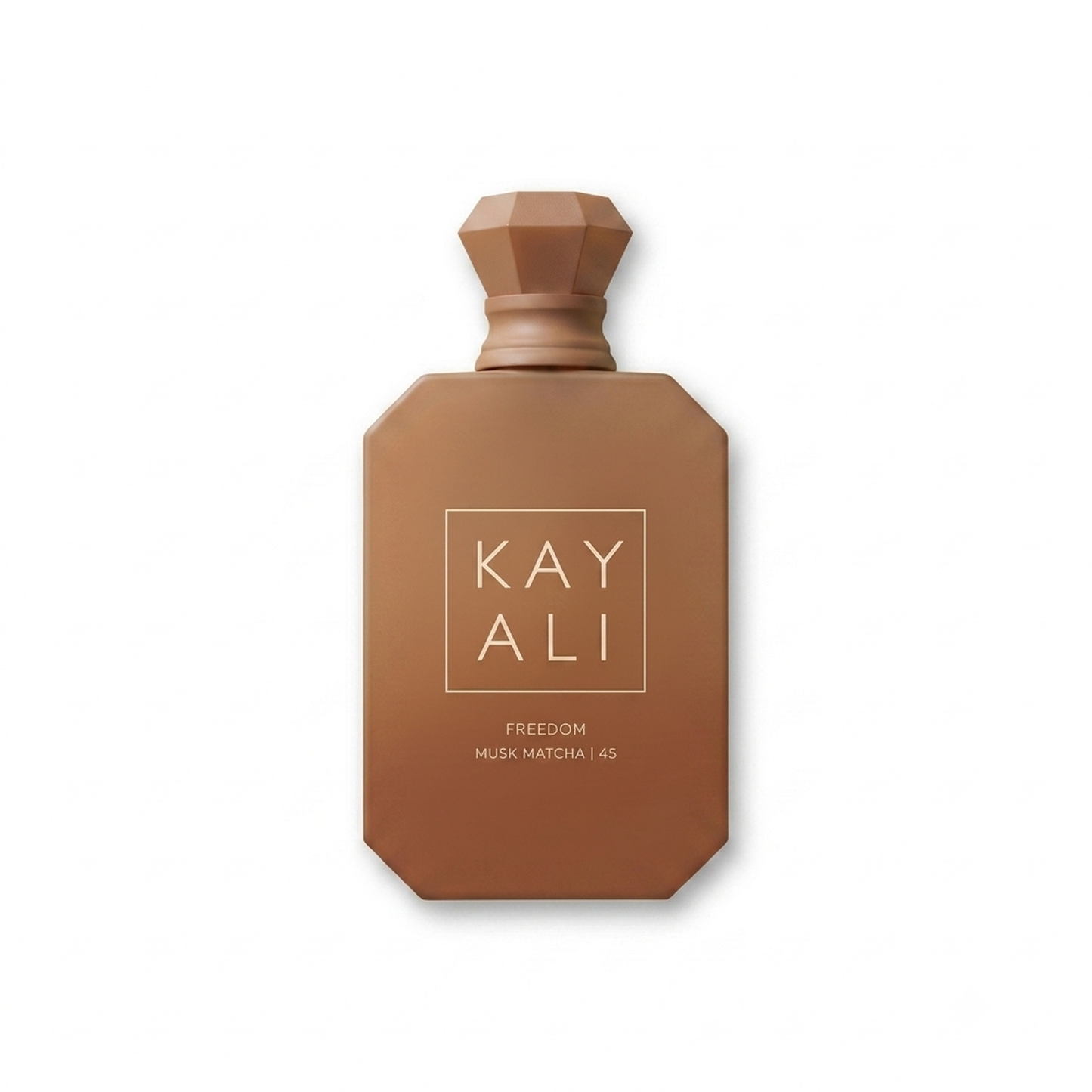 Bottle of Kayali Freedom Musk Matcha | 45 EDP fragrance on a white background with soft shadow