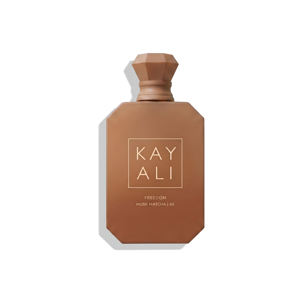 Bottle of Kayali Freedom Musk Matcha | 45 EDP fragrance on a white background with soft shadow