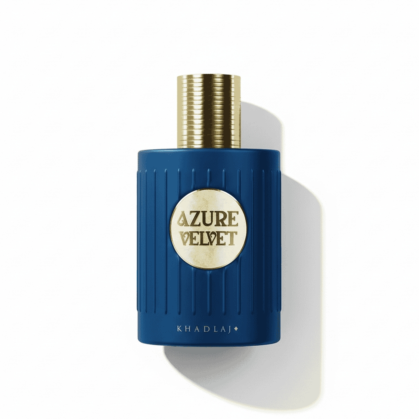 Bottle of Khadlaj Azure Velvet Extrait fragrance on a white background with soft shadow