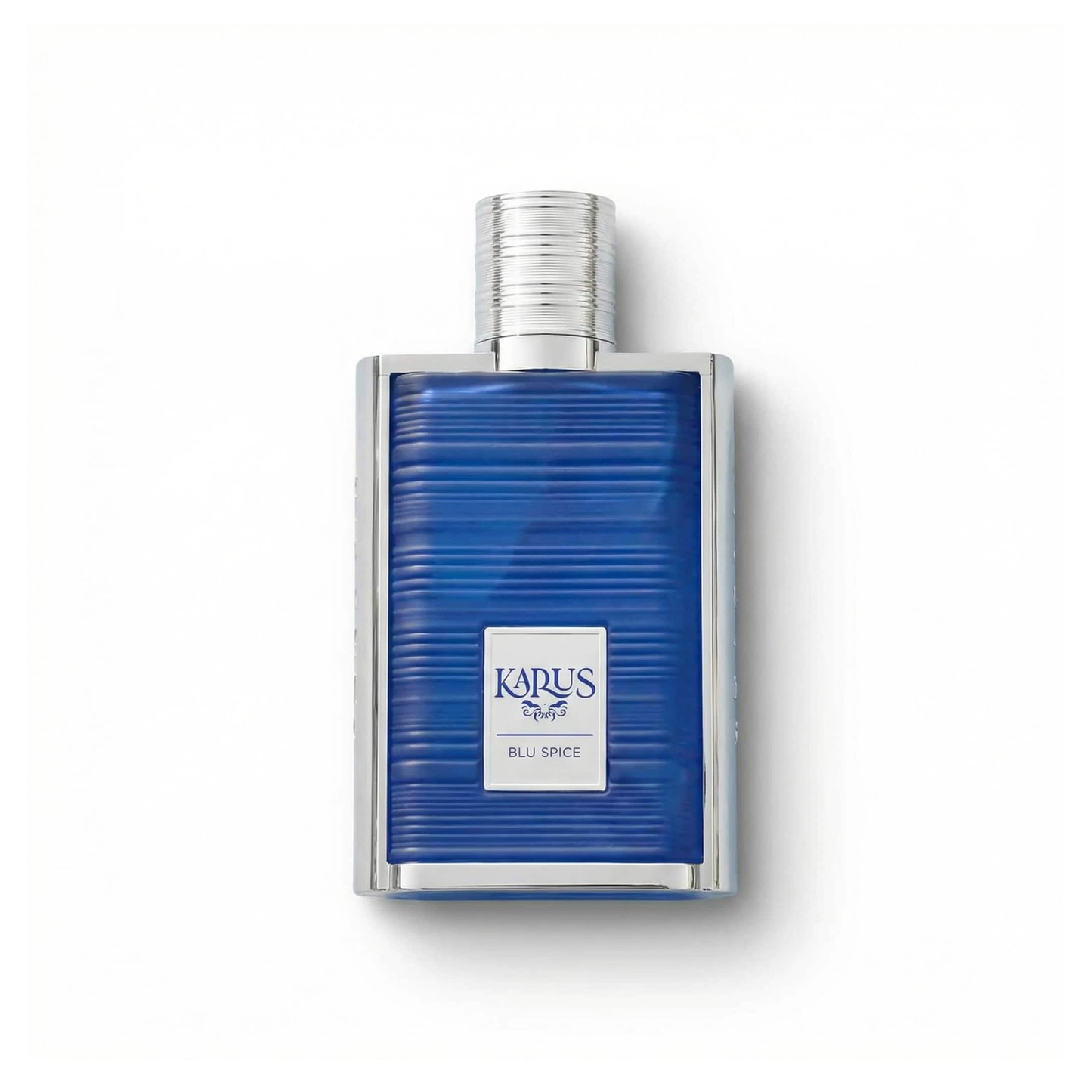 Bottle of Khadlaj Karus Blu Spice EDP fragrance on a white background with soft shadow