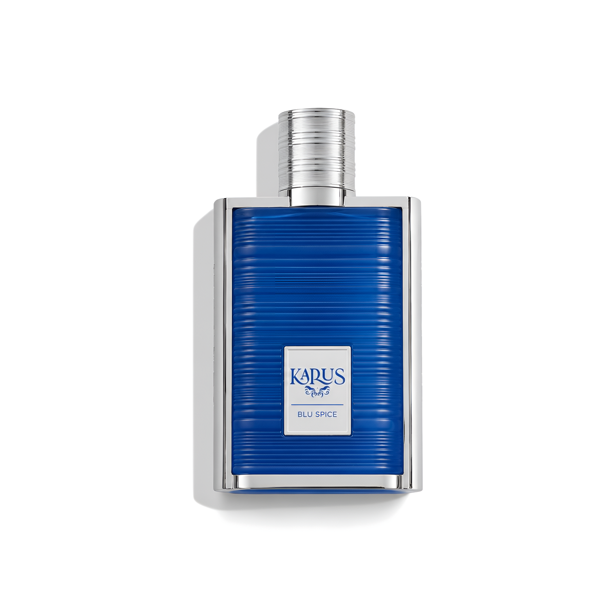 Bottle of Khadlaj Karus Blu Spice EDP fragrance on a white background with soft shadow