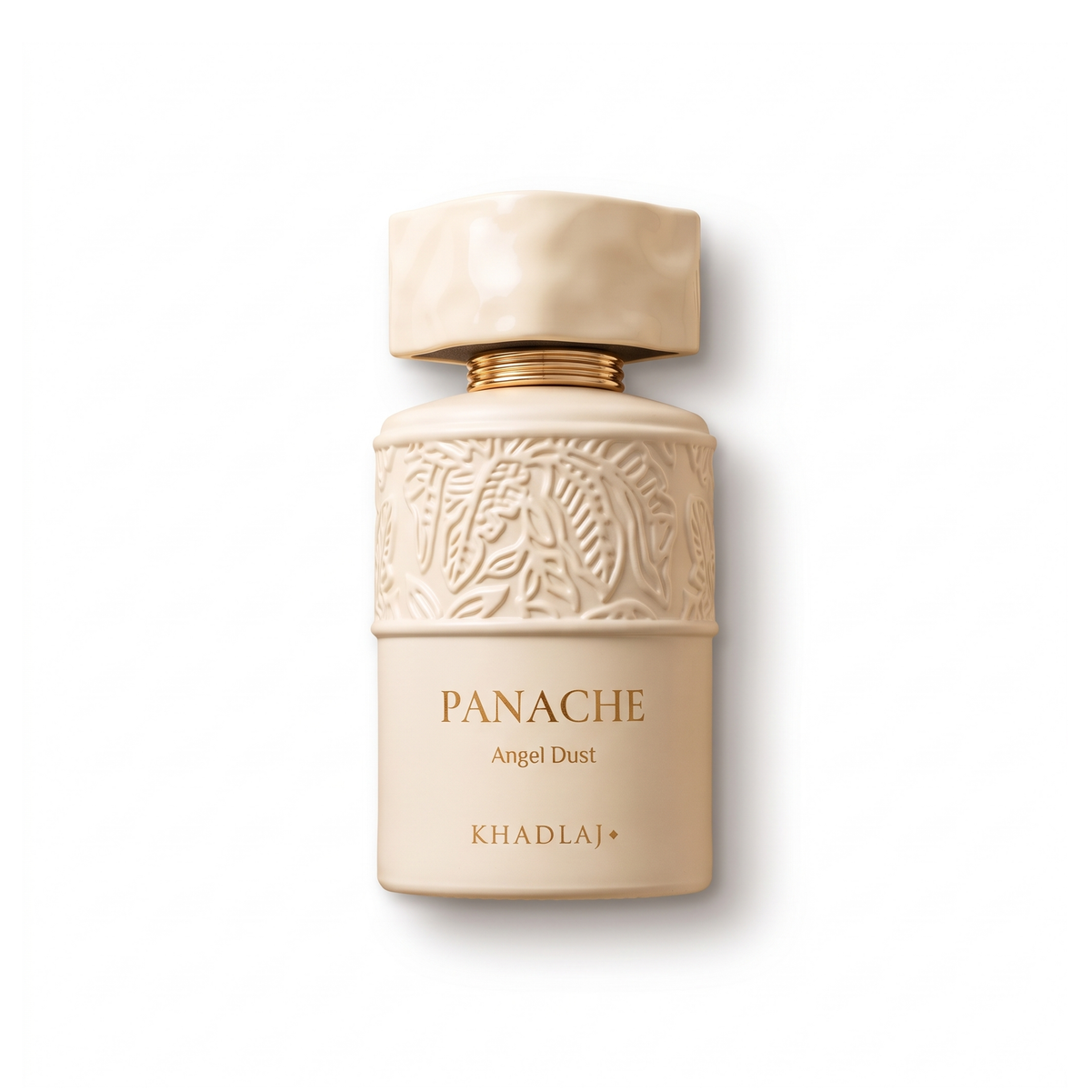 Bottle of Khadlaj Panache Angel Dust Extrait fragrance on a white background with soft shadow