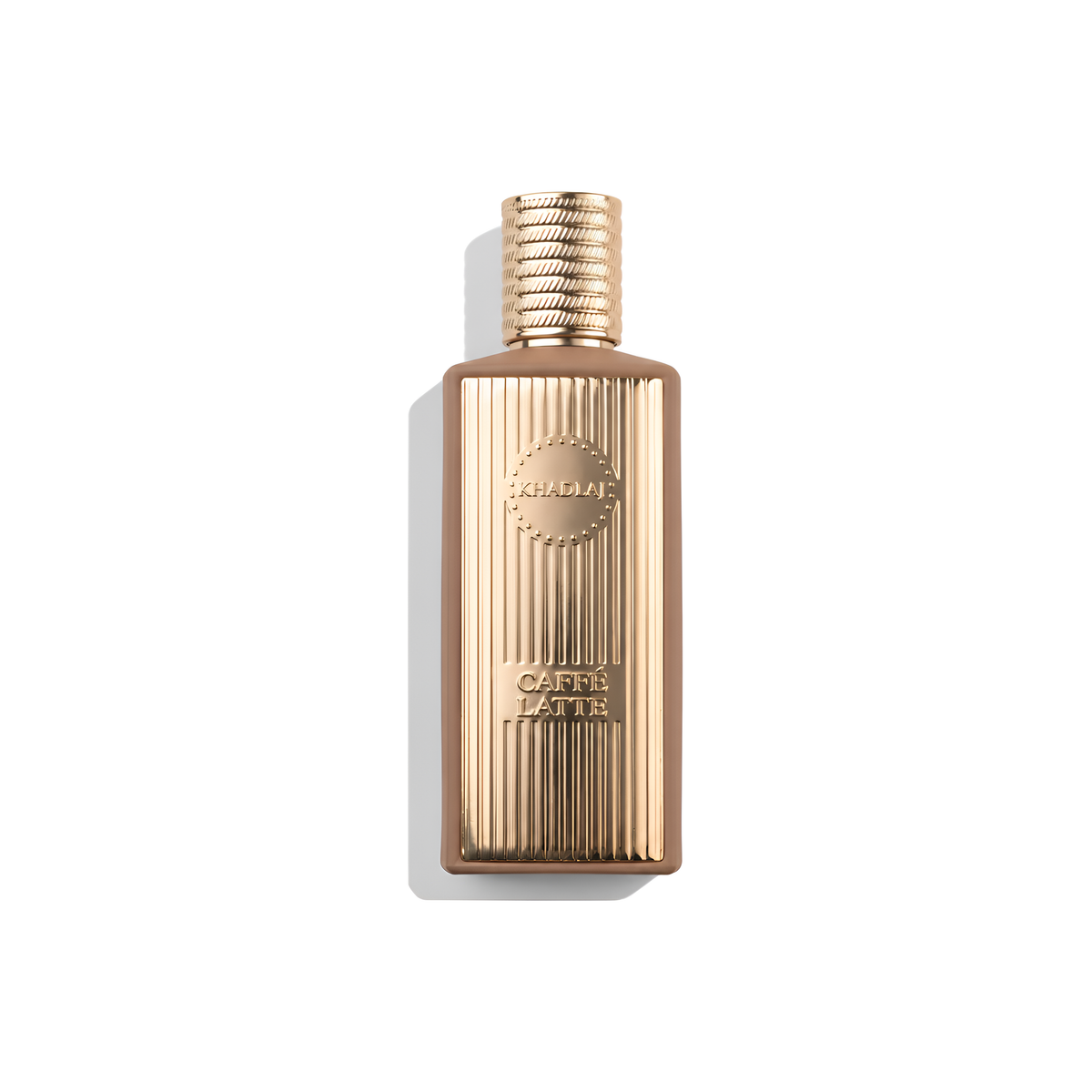 Bottle of Khadlaj Perfumes Caffé Latte Extrait fragrance on a white background with soft shadow
