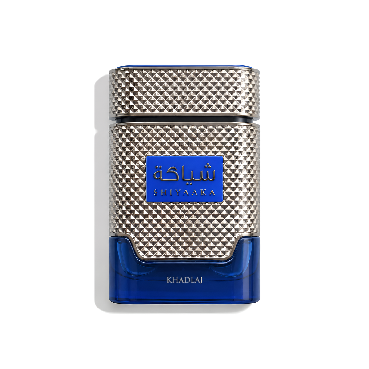 Bottle of Khadlaj Shiyaaka Blue EDP fragrance on a white background with soft shadow