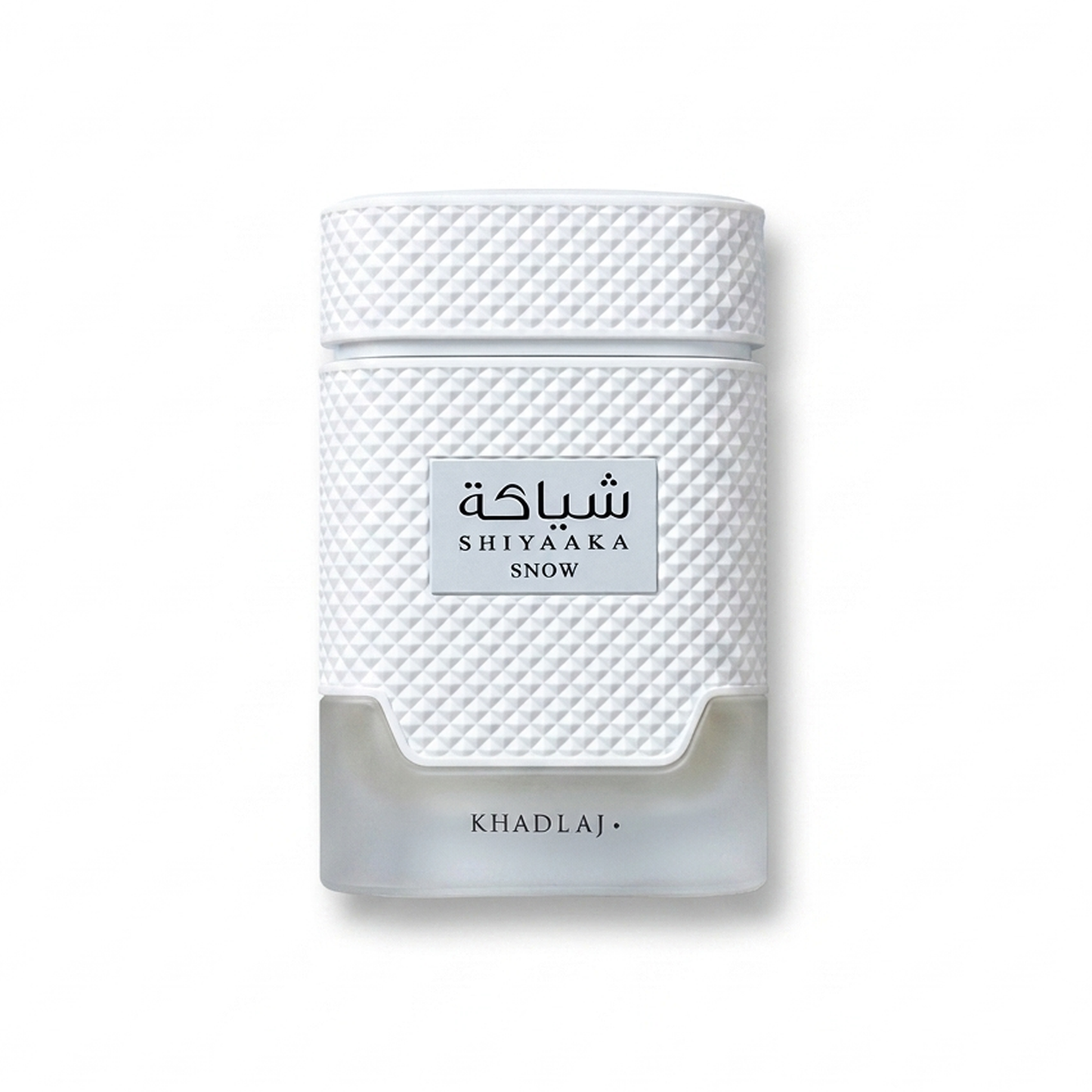 Bottle of Khadlaj Shiyaaka Snow EDP fragrance on a white background with soft shadow