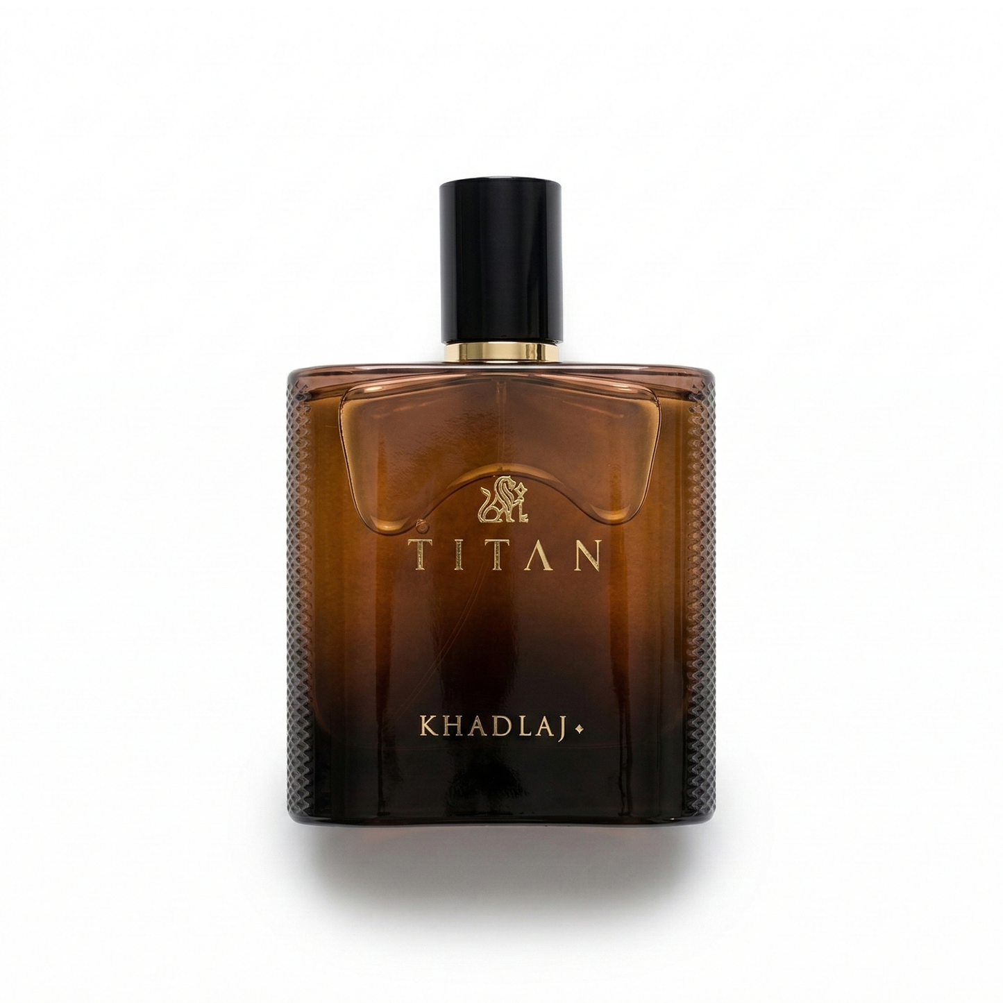 Bottle of Khadlaj Titan EDP fragrance on a white background with soft shadow