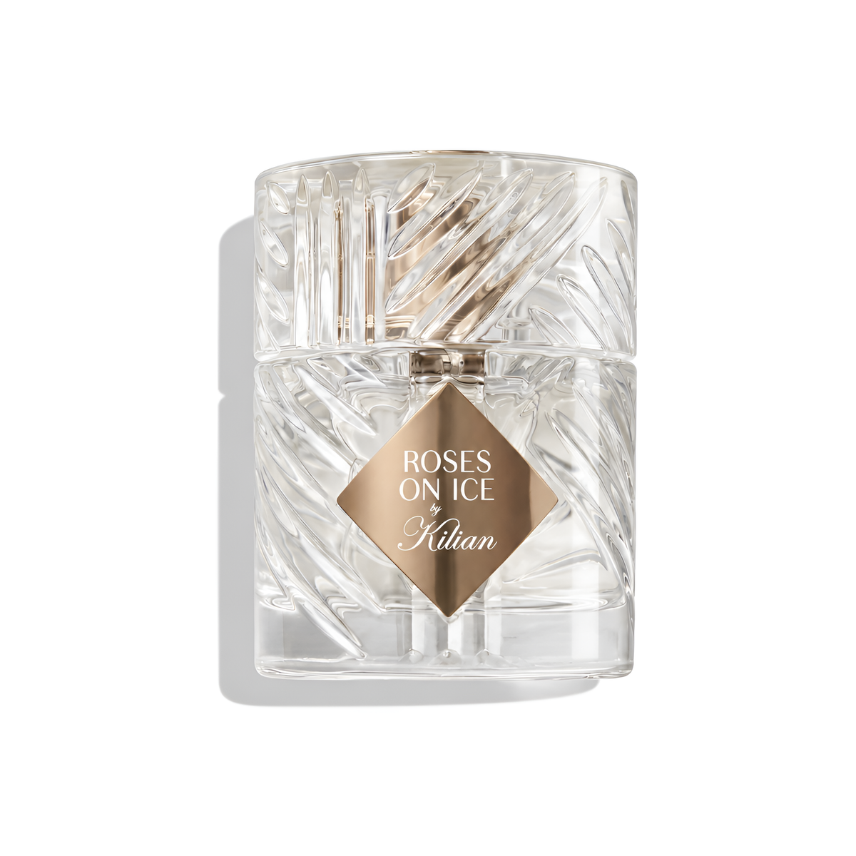 Bottle of Kilian Roses On Ice EDP fragrance on a white background with soft shadow