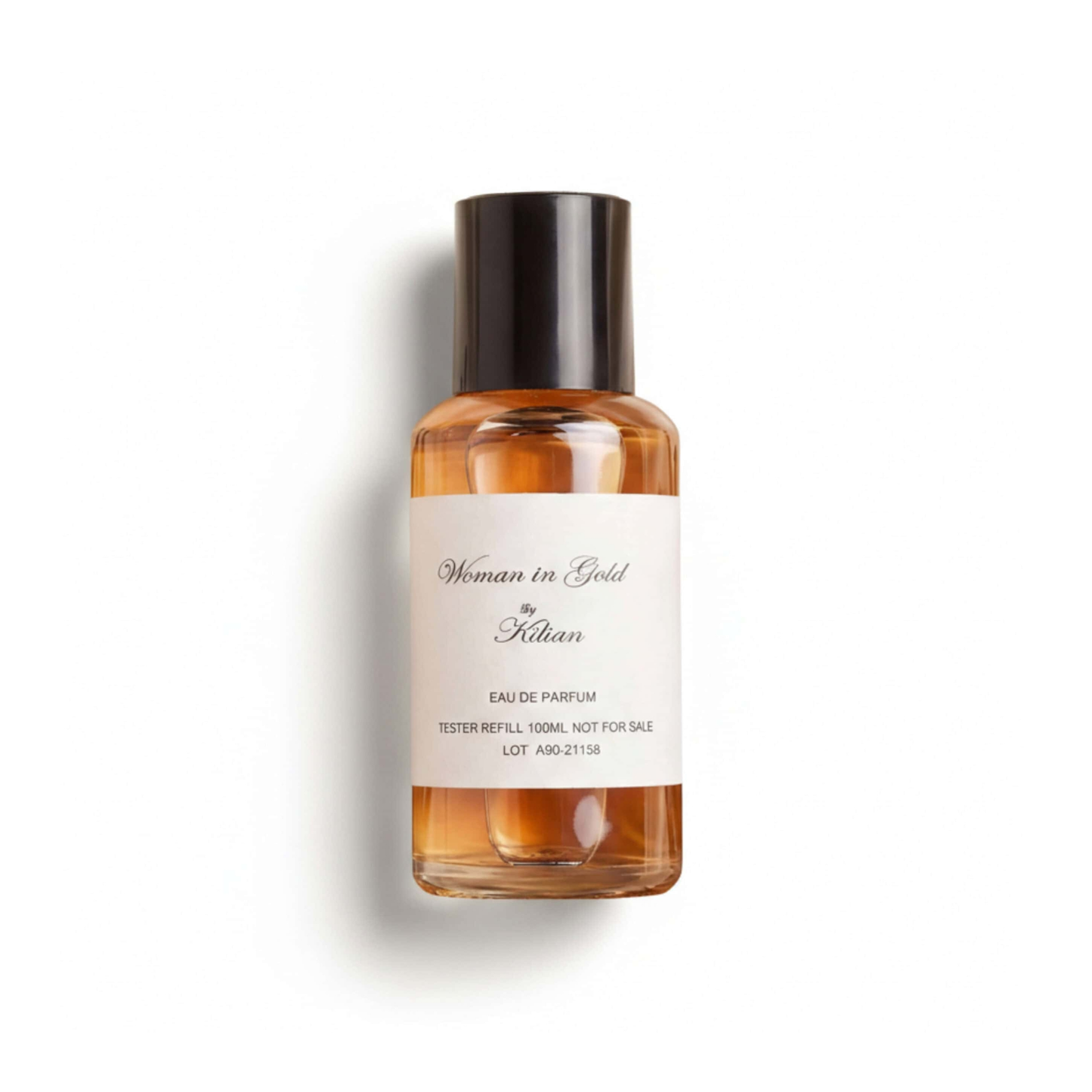 Bottle of Kilian Woman in Gold EDP fragrance on a white background with soft shadow