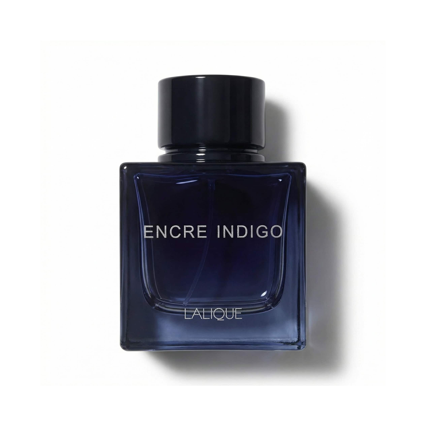 Bottle of Lalique Encre Indigo EDP fragrance on a white background with soft shadow