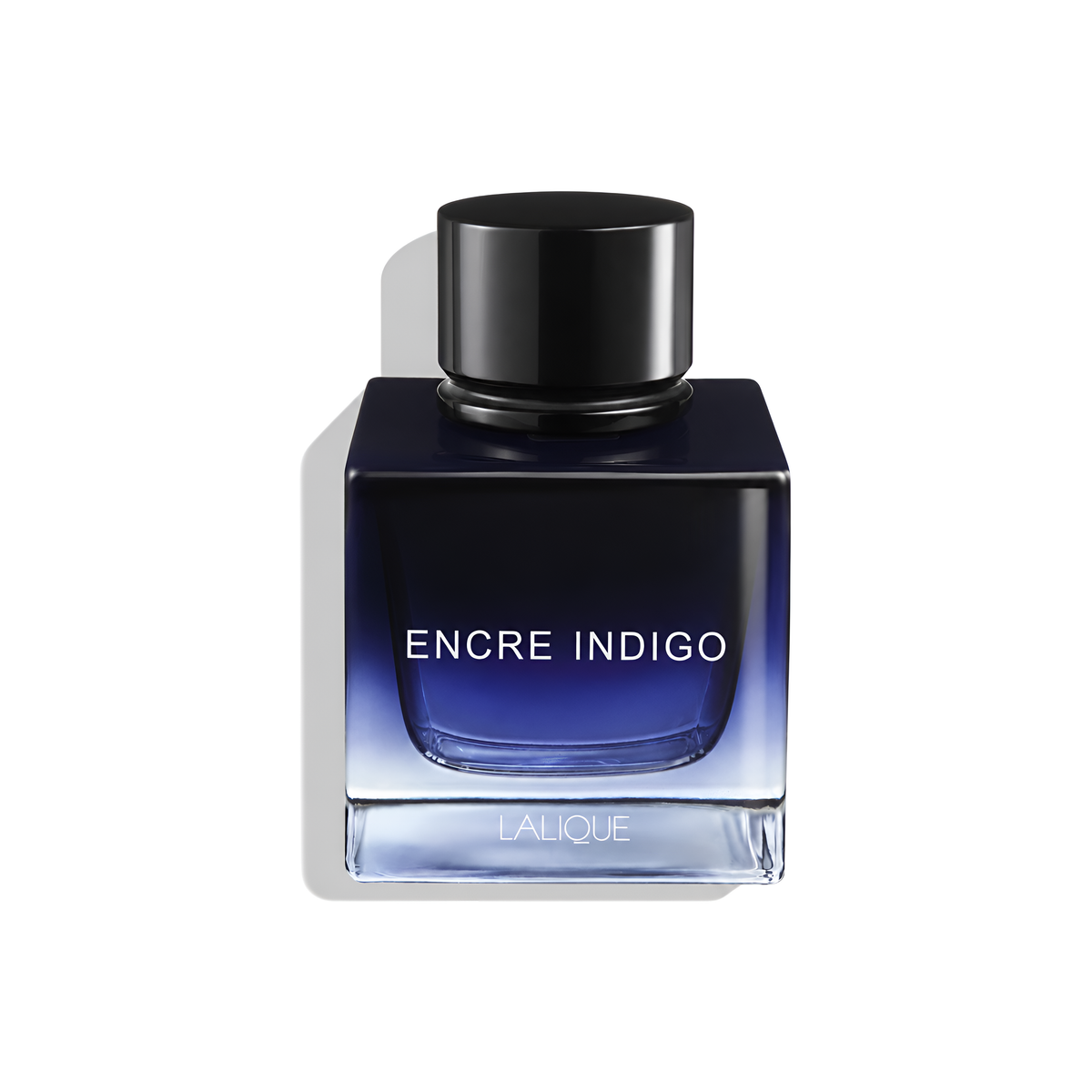 Bottle of Lalique Encre Indigo EDP fragrance on a white background with soft shadow