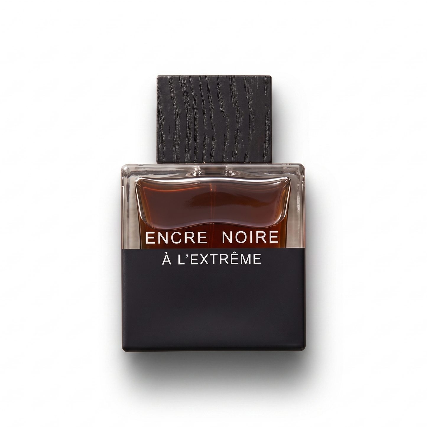 Bottle of Lalique Encre Noire A L'Extreme EDP fragrance on a white background with soft shadow
