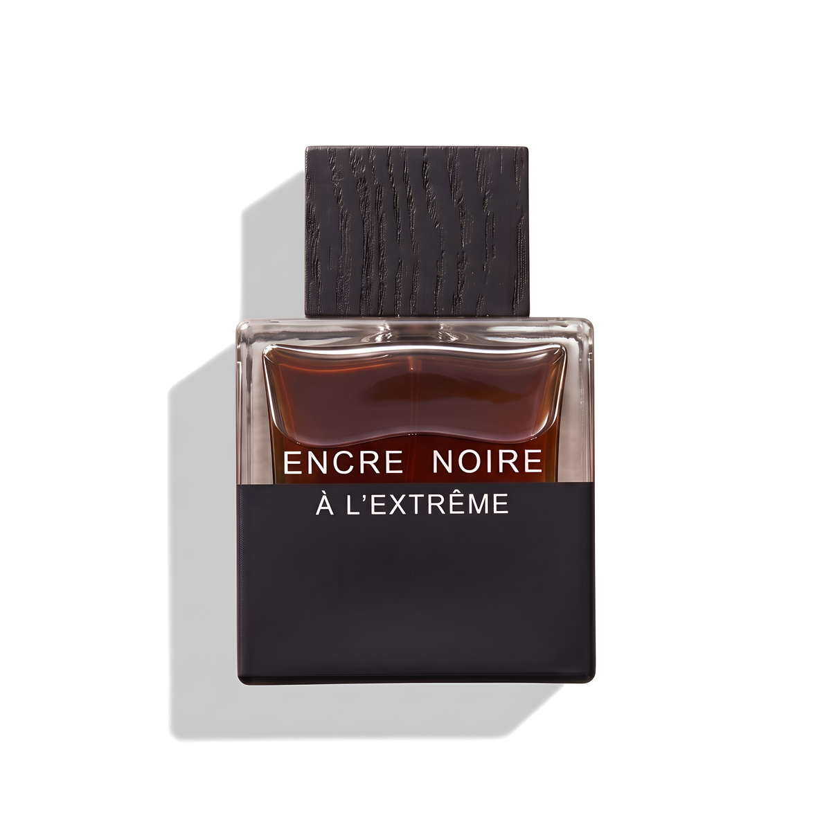 Bottle of Lalique Encre Noire A L'Extreme EDP fragrance on a white background with soft shadow