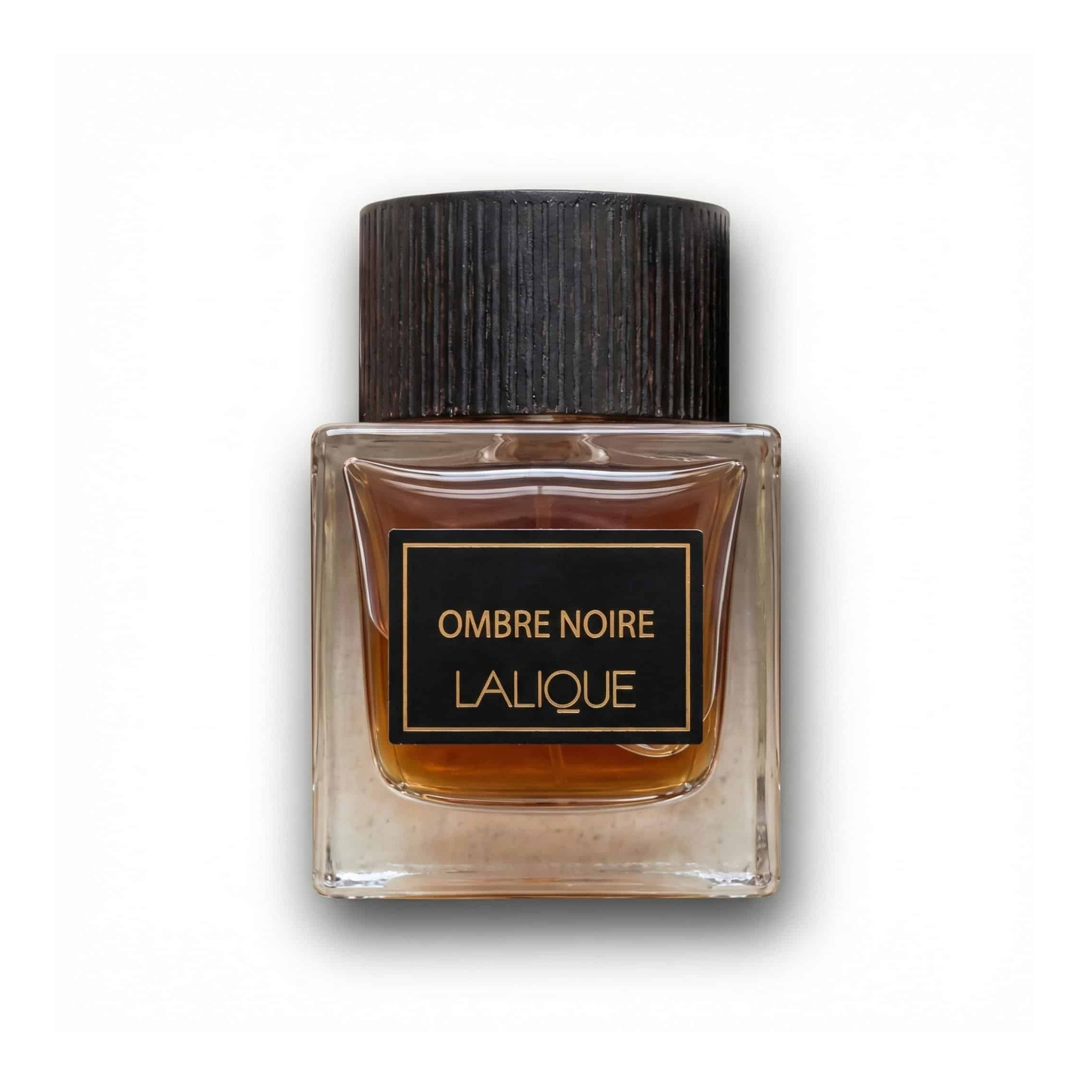 Bottle of Lalique Ombre Noir EDP fragrance on a white background with soft shadow