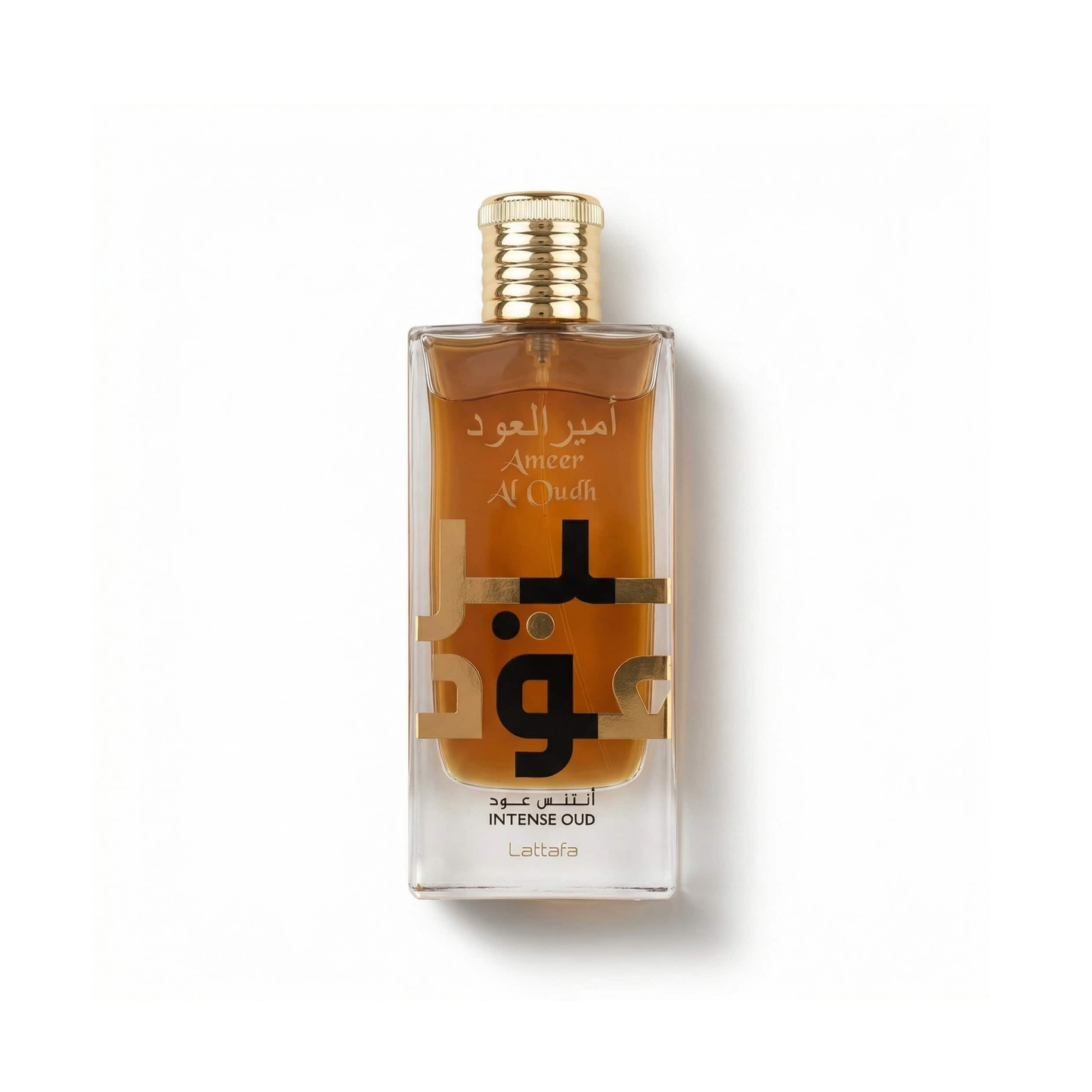 Bottle of Lattafa Ameer Al Oudh EDP fragrance on a white background with soft shadow