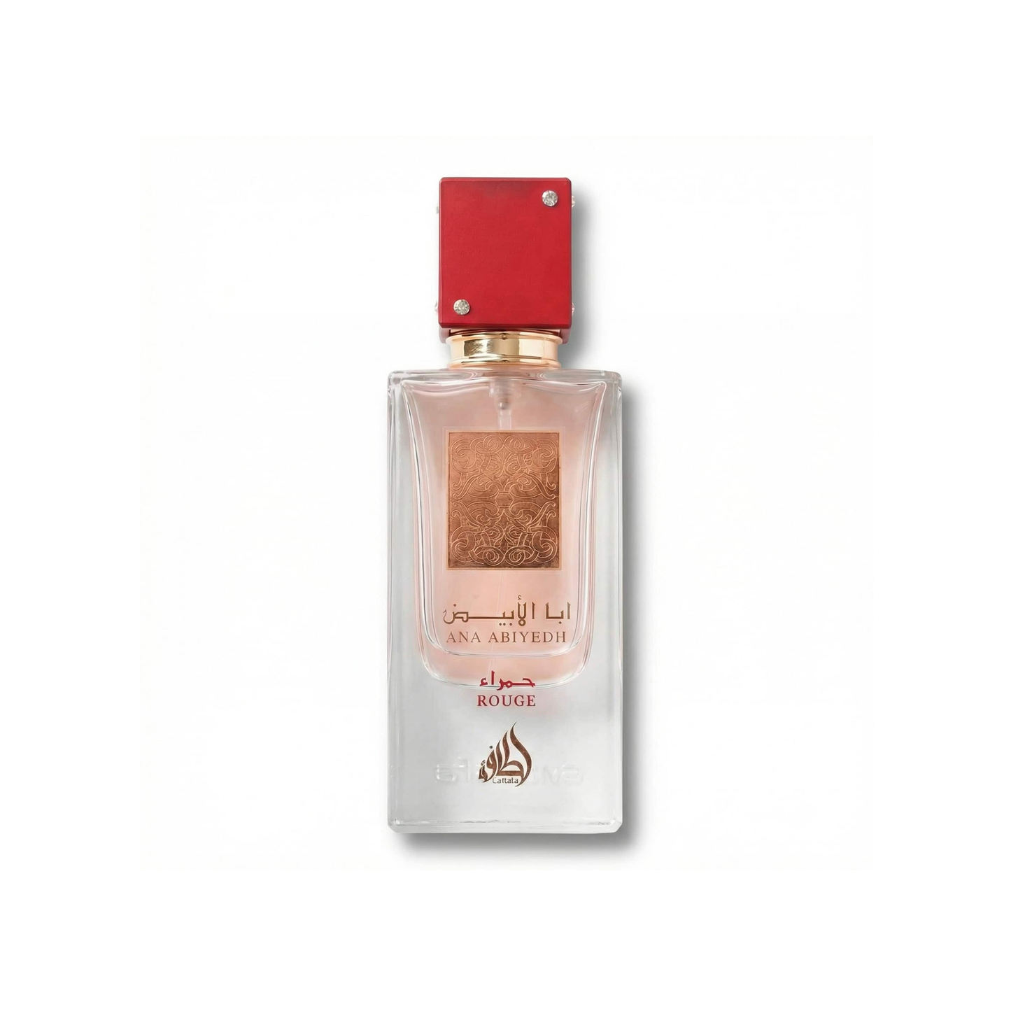 Bottle of Lattafa Ana Abiyedh Rouge EDP fragrance on a white background with soft shadow