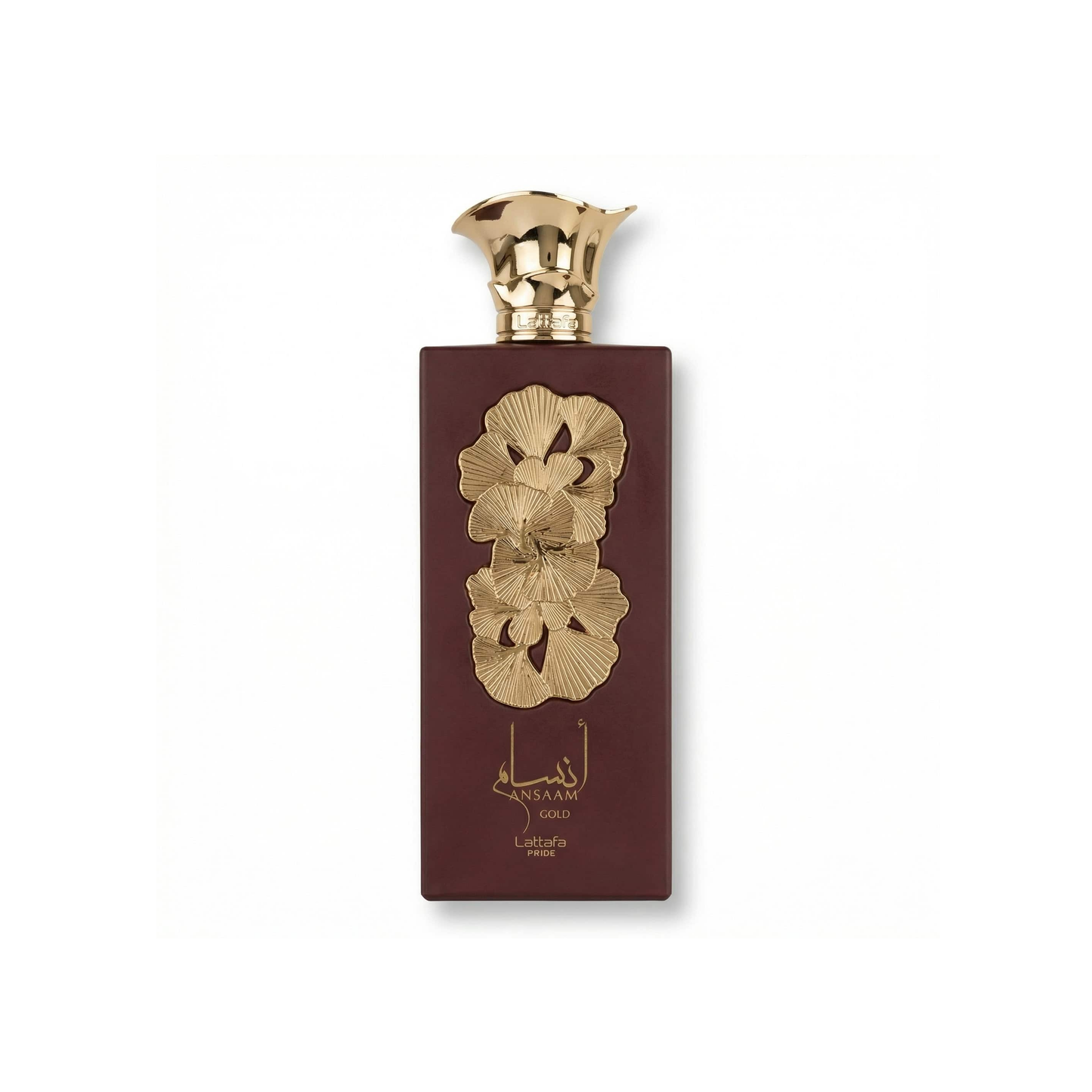 Bottle of Lattafa Ansaam Gold EDP fragrance on a white background with soft shadow