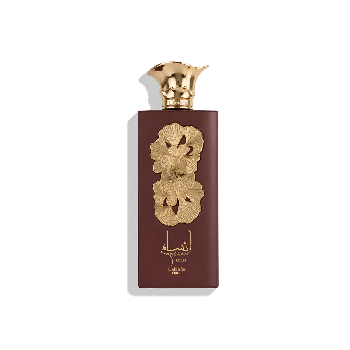 Bottle of Lattafa Ansaam Gold EDP fragrance on a white background with soft shadow